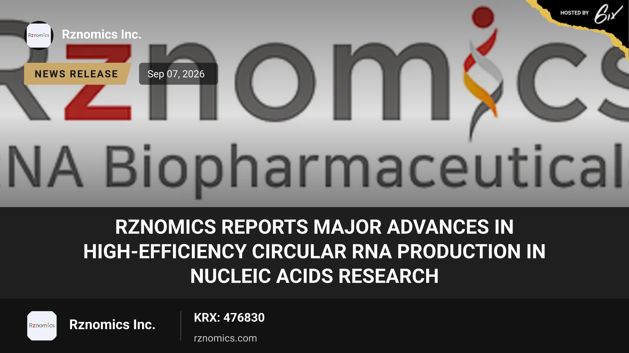 Rznomics Reports Major Advances in High-Efficiency Circular RNA Production in Nucleic Acids Research