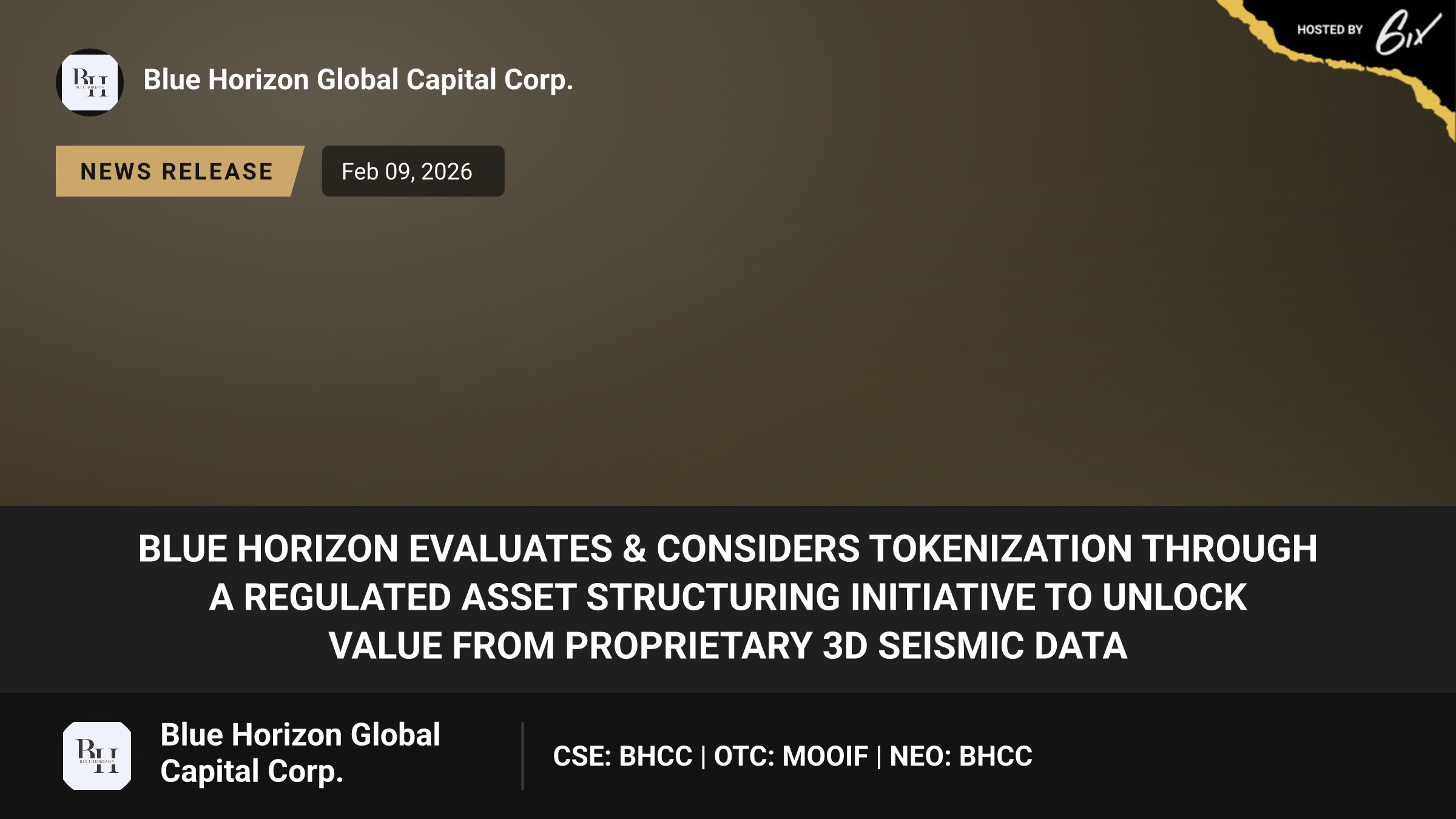 Blue Horizon Evaluates & Considers Tokenization Through A Regulated Asset Structuring Initiative to Unlock Value from Proprietary 3D Seismic Data
