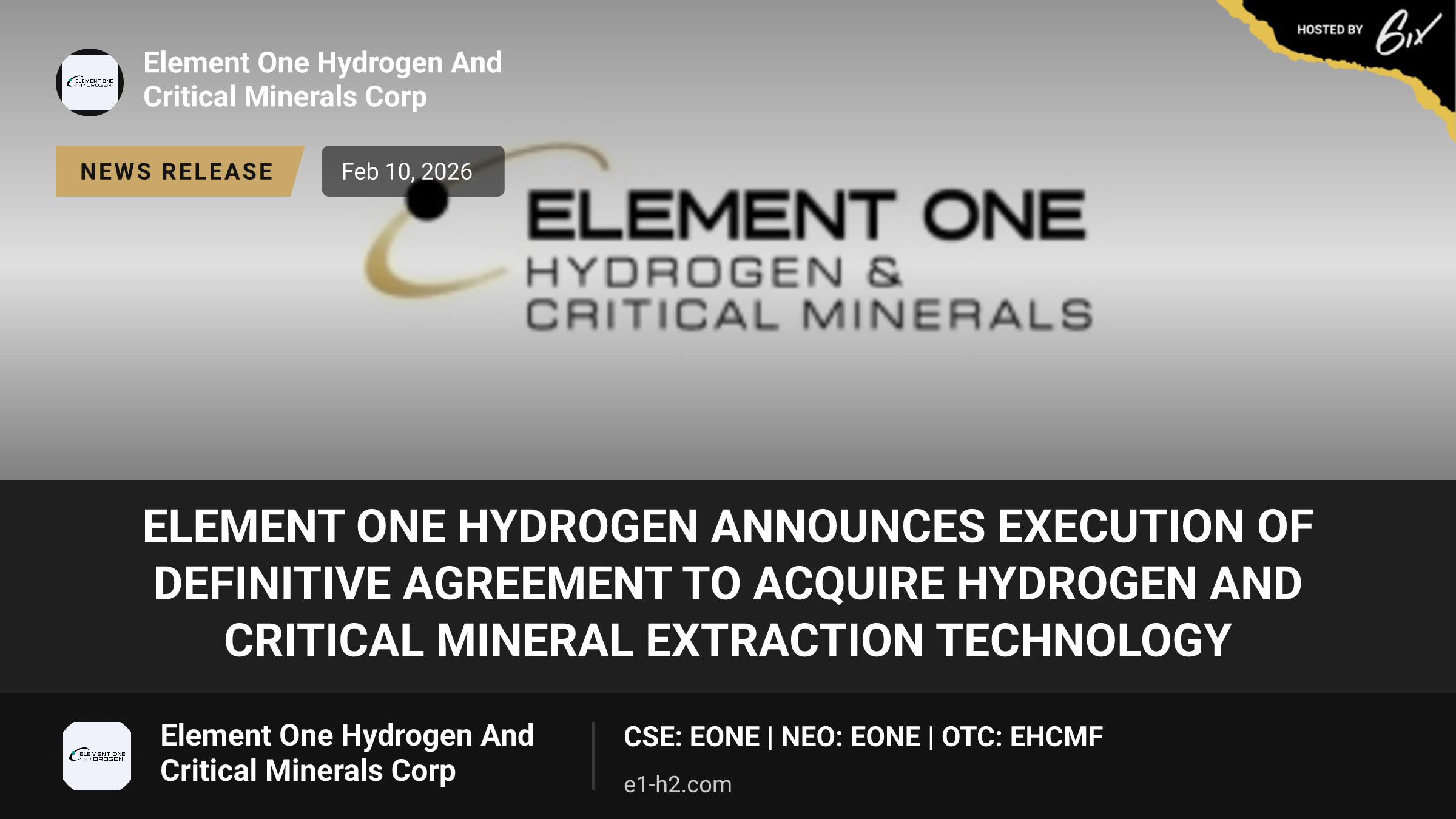 Element One Hydrogen Announces Execution of Definitive Agreement to Acquire Hydrogen and Critical Mineral Extraction Technology