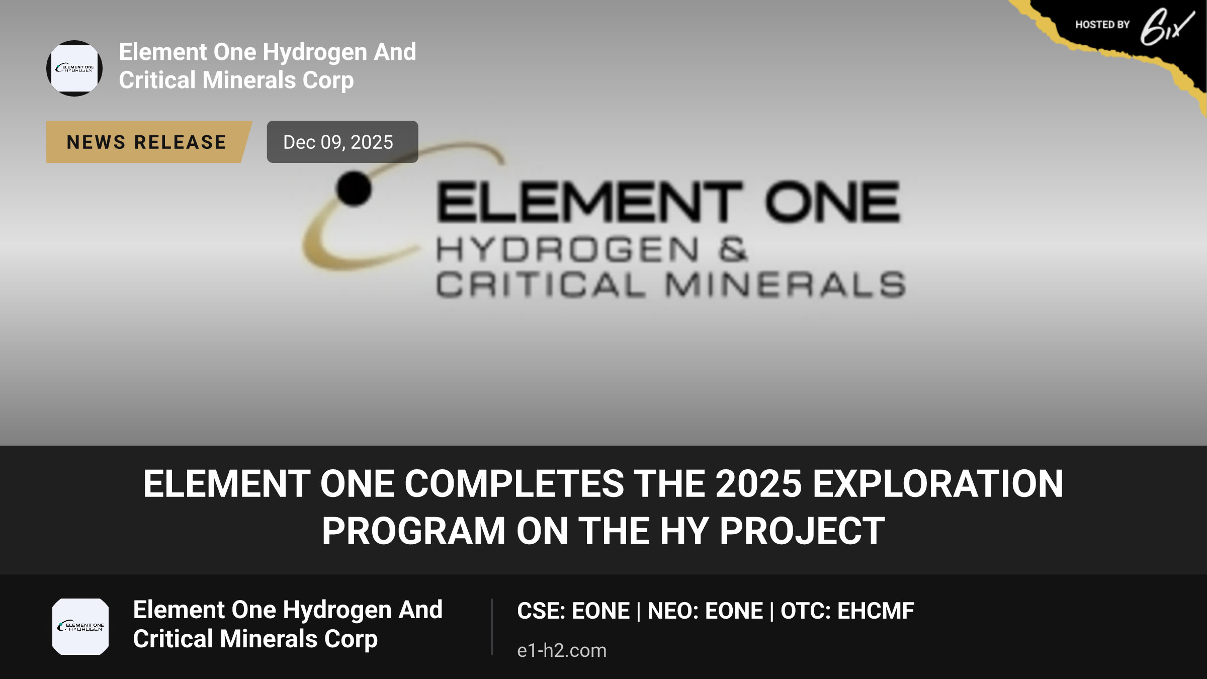 Element One Completes The 2025 Exploration Program on The HY Project