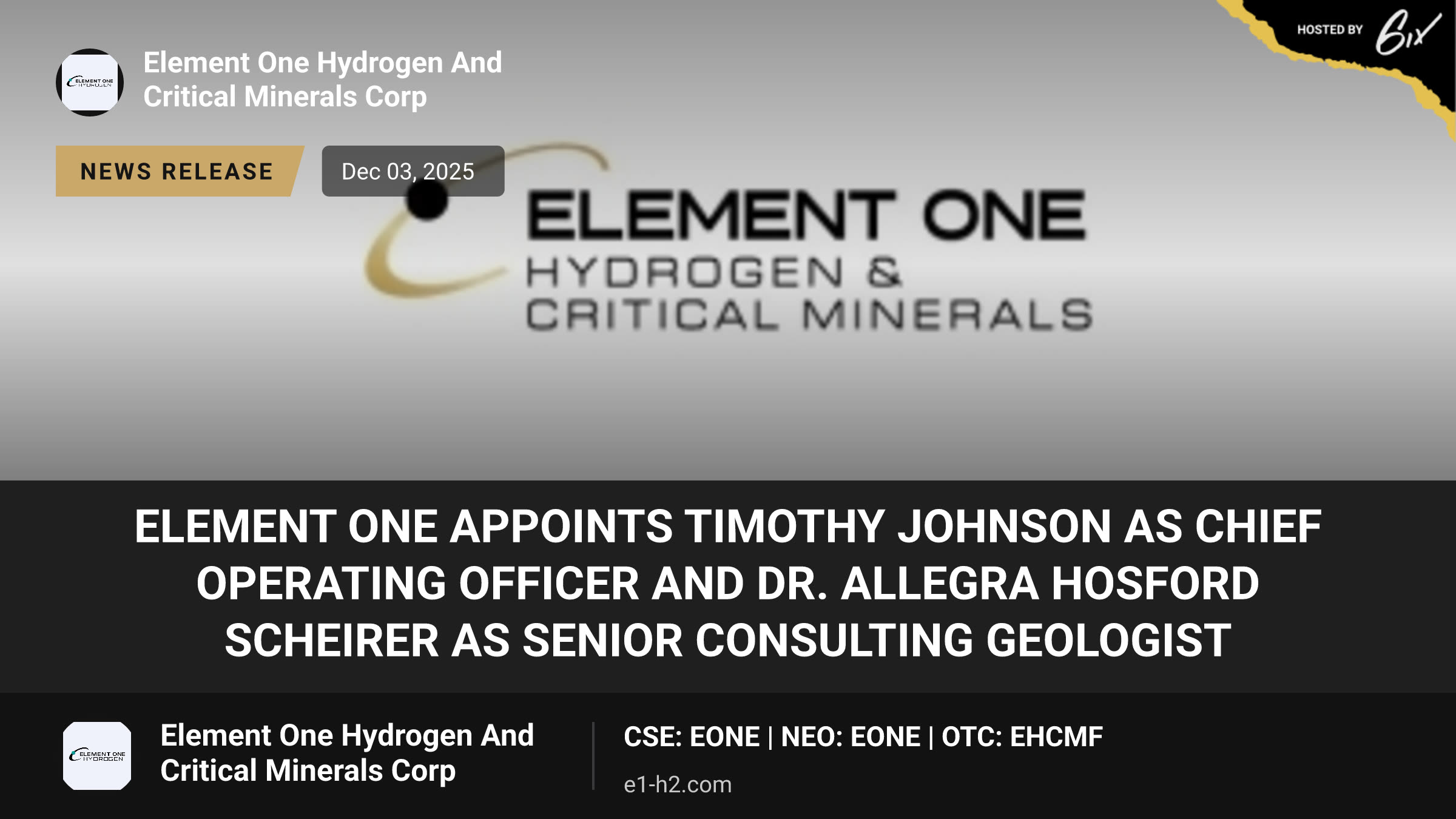 Element One Appoints Timothy Johnson as Chief Operating Officer and Dr. Allegra Hosford Scheirer as Senior Consulting Geologist