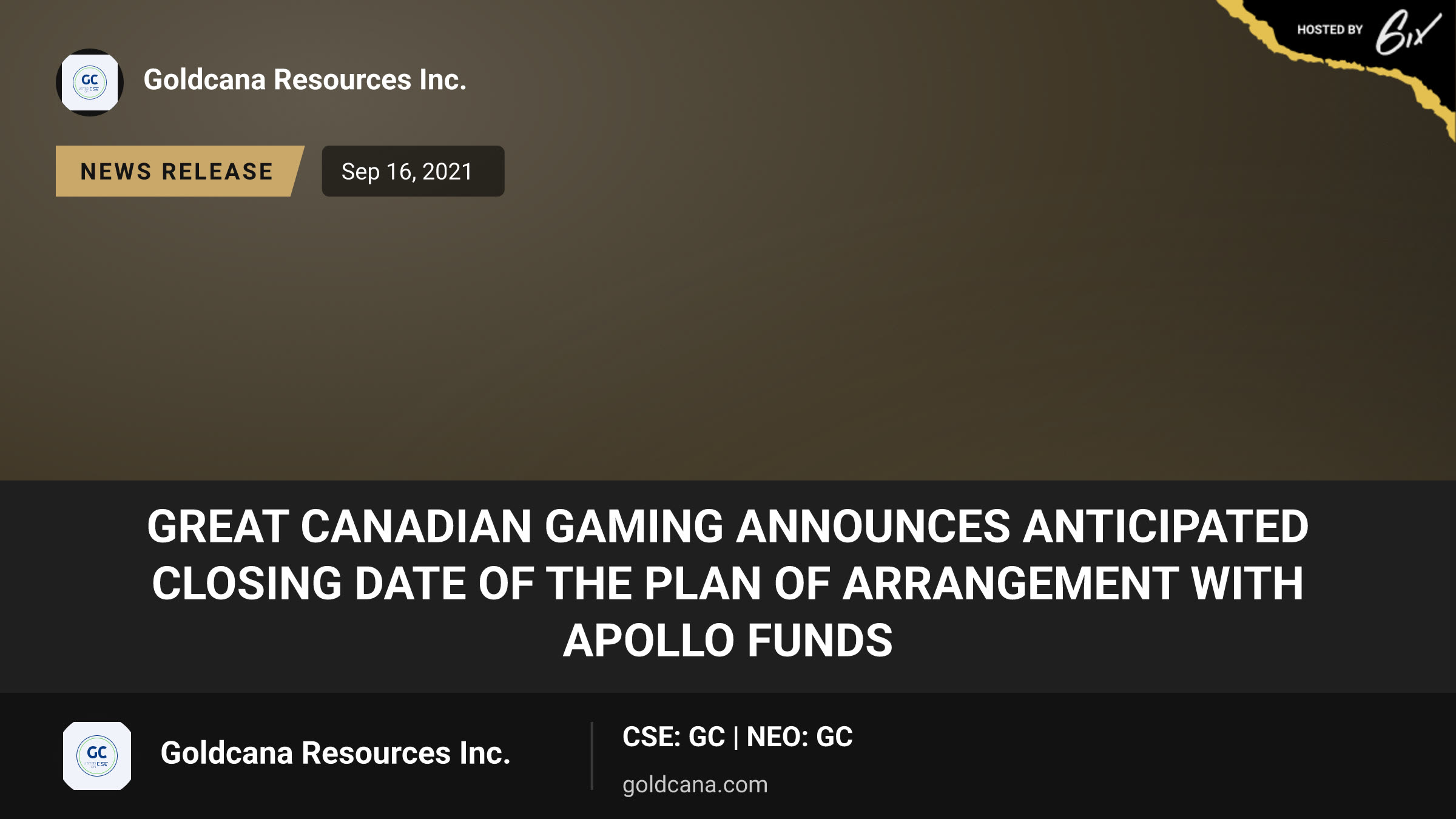 Great Canadian Gaming Announces Anticipated Closing Date of the Plan of Arrangement with Apollo Funds