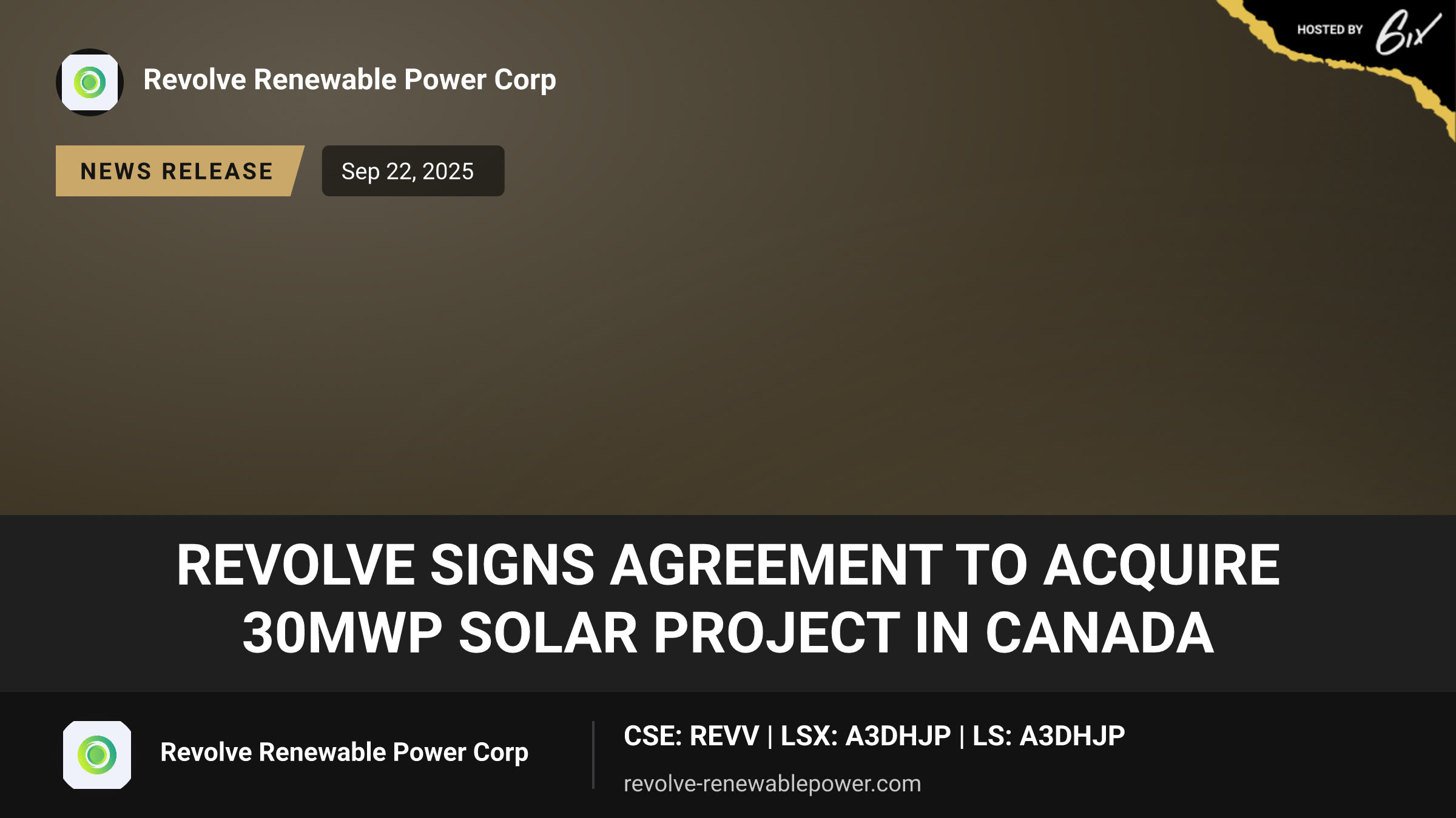 Revolve Signs Agreement to Acquire 30MWp Solar Project in Canada