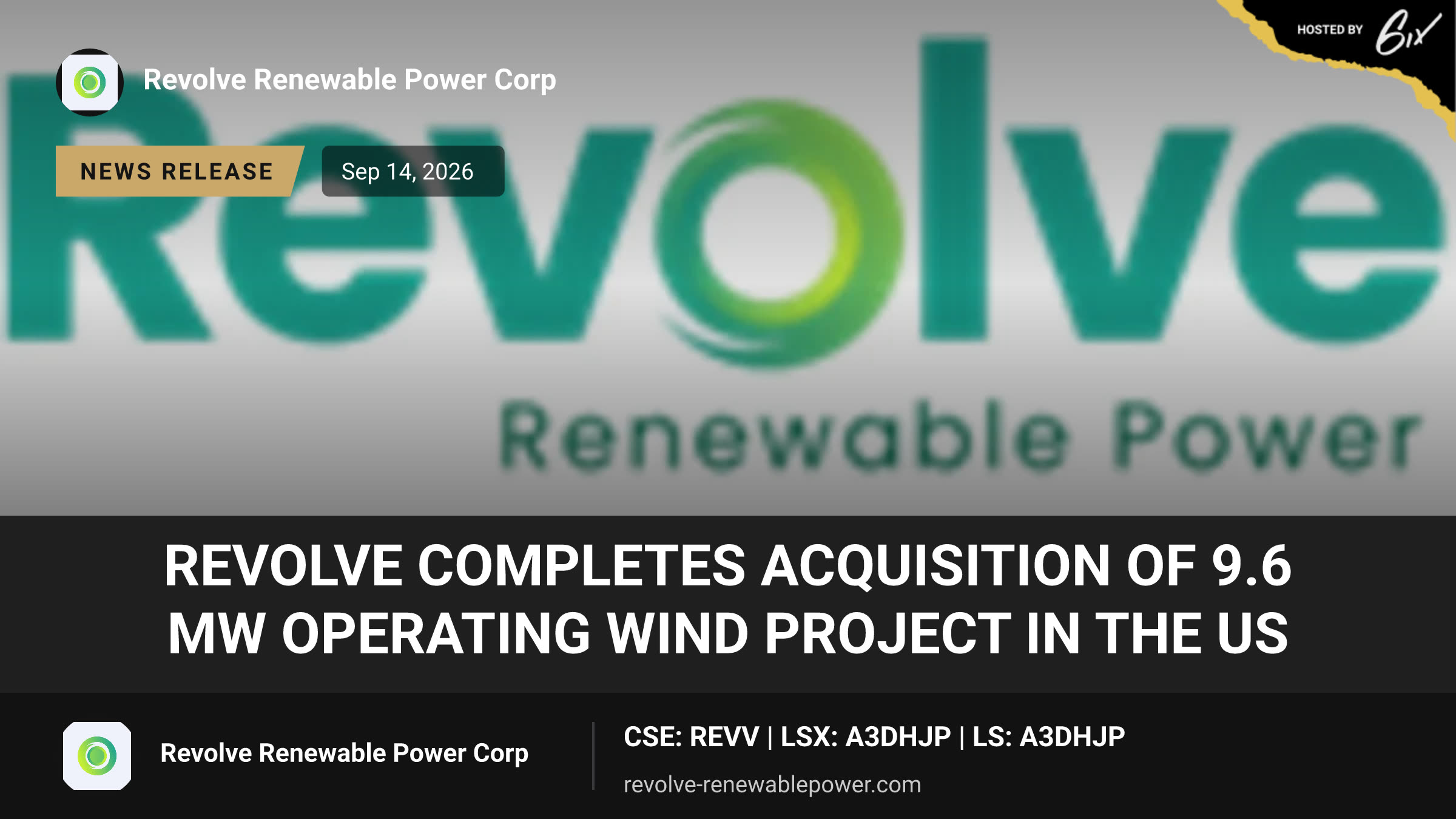 Revolve Completes Acquisition of 9.6 MW Operating Wind Project in the US