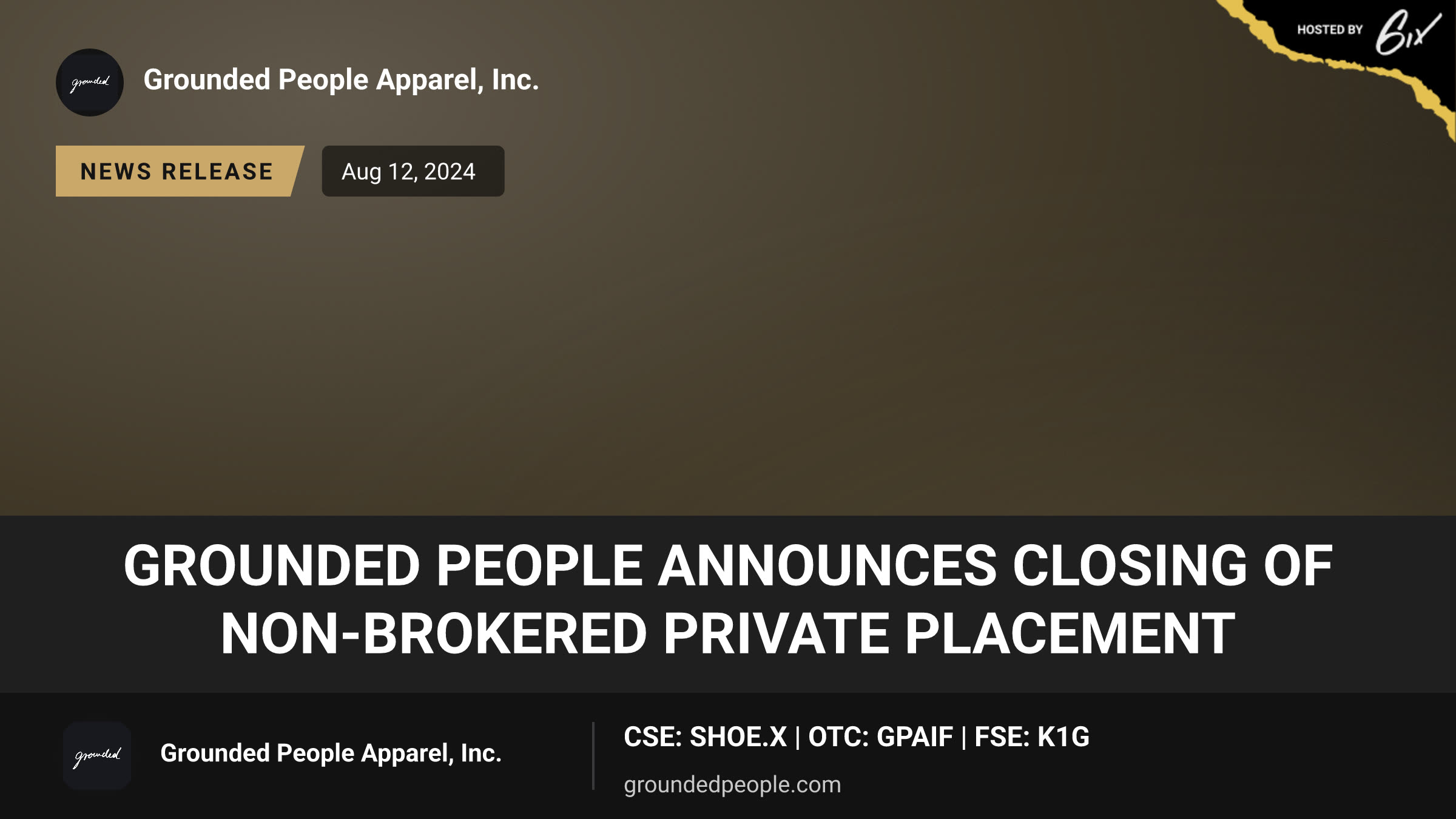 Grounded People Announces Closing of Non-Brokered Private Placement