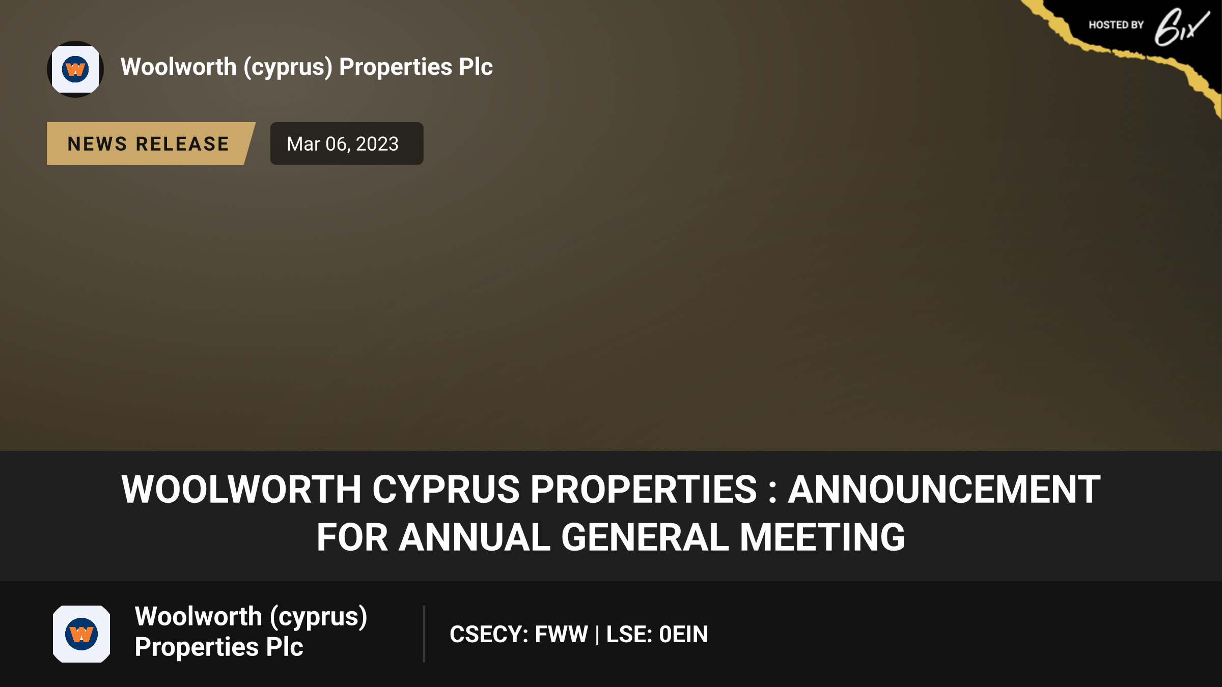 Woolworth Cyprus Properties : ANNOUNCEMENT FOR ANNUAL GENERAL MEETING