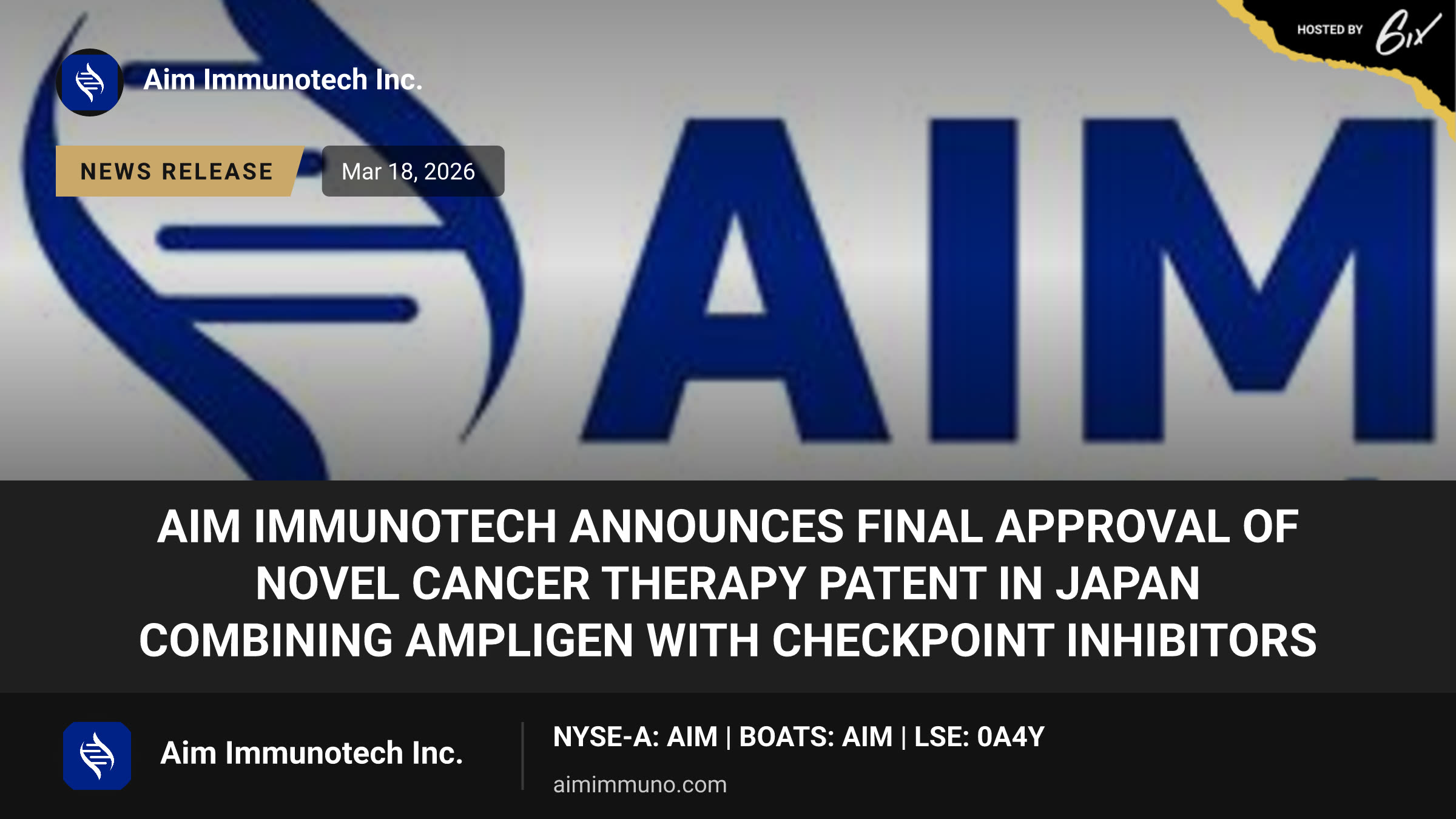 AIM ImmunoTech Announces Final Approval of Novel Cancer Therapy Patent in Japan Combining Ampligen with Checkpoint Inhibitors