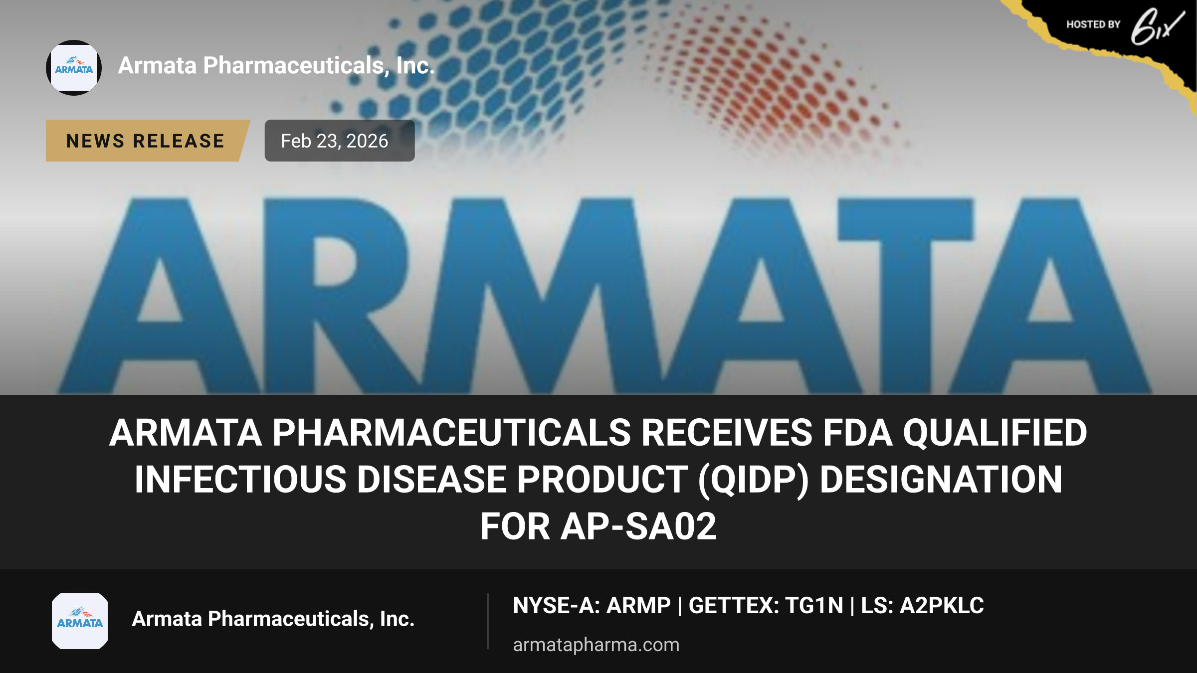 Armata Pharmaceuticals Receives FDA Qualified Infectious Disease Product (QIDP) Designation for AP-SA02