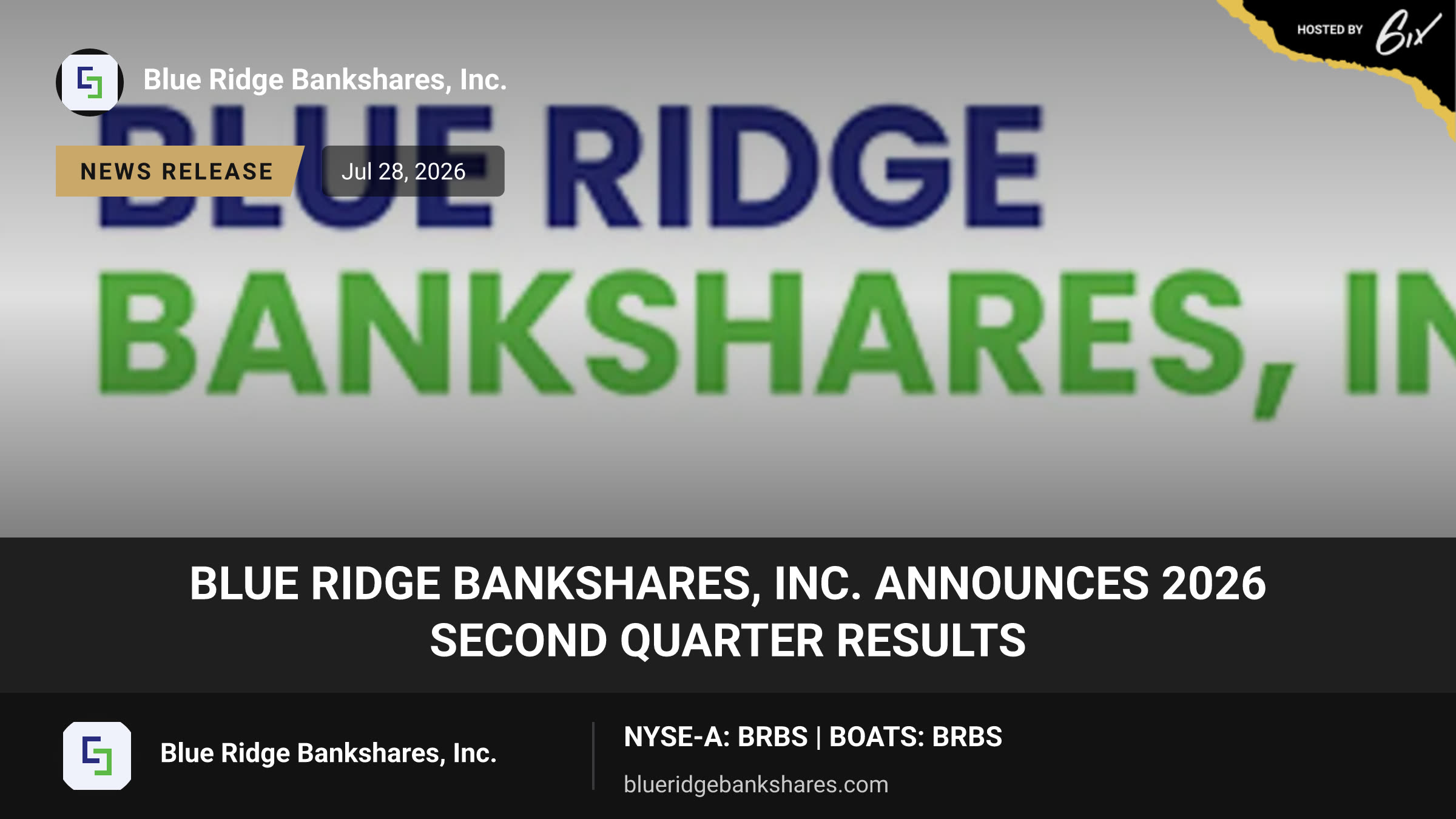 Blue Ridge Bankshares, Inc. Announces 2026 Second Quarter Results