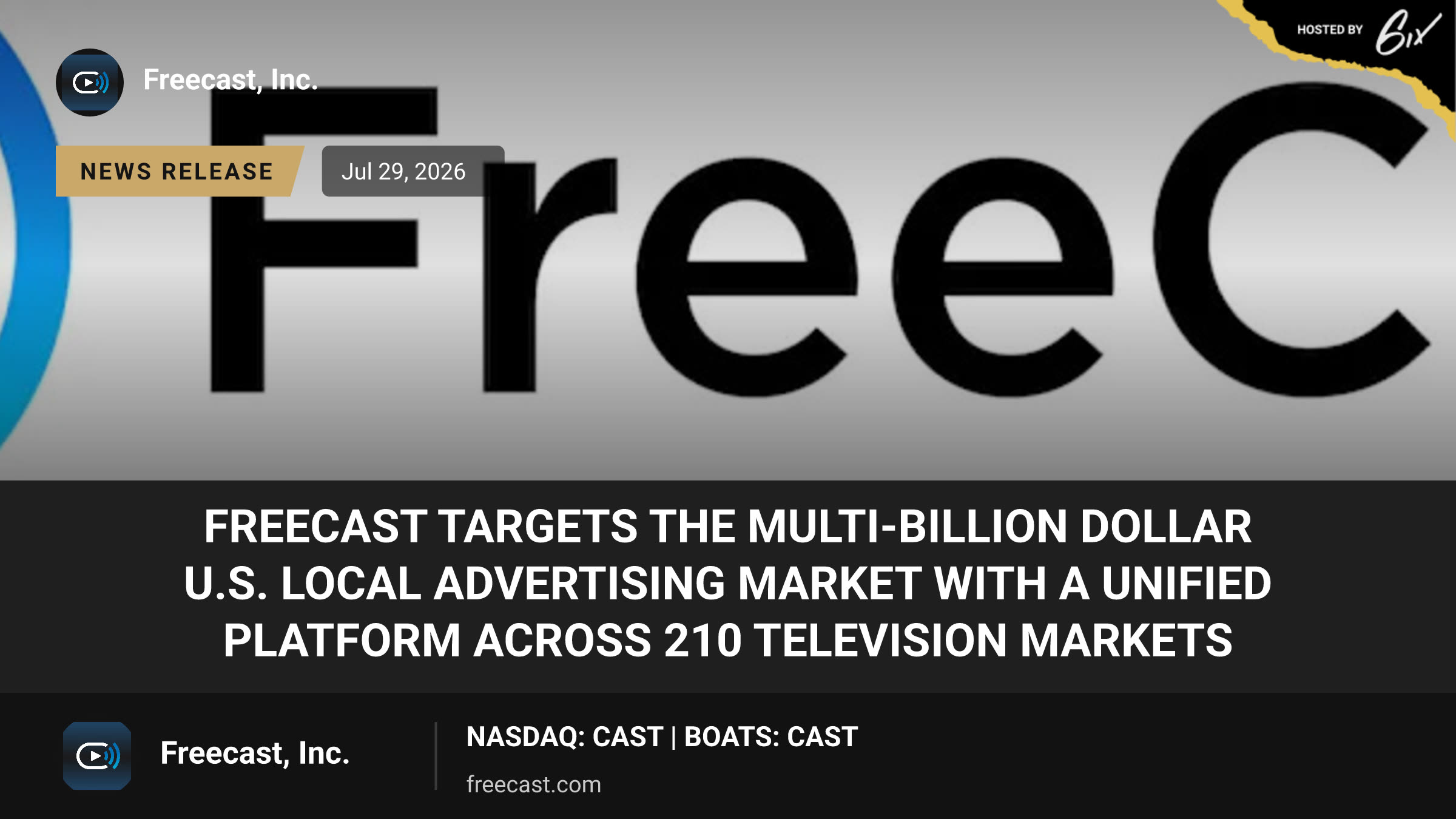FreeCast Targets the Multi-Billion Dollar U.S. Local Advertising Market with a Unified Platform Across 210 Television Markets
