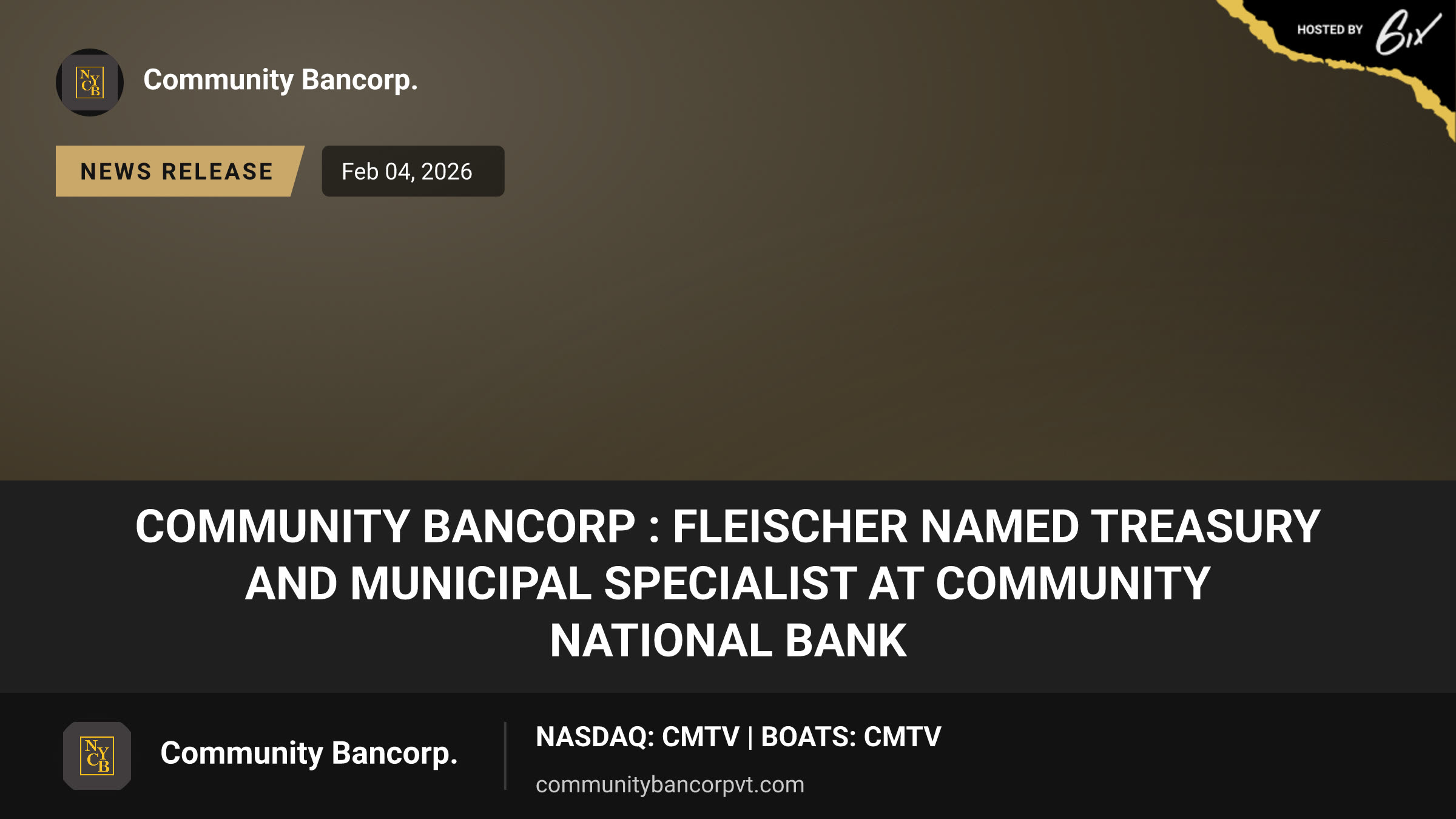 Community Bancorp : Fleischer Named Treasury and Municipal Specialist at Community National Bank
