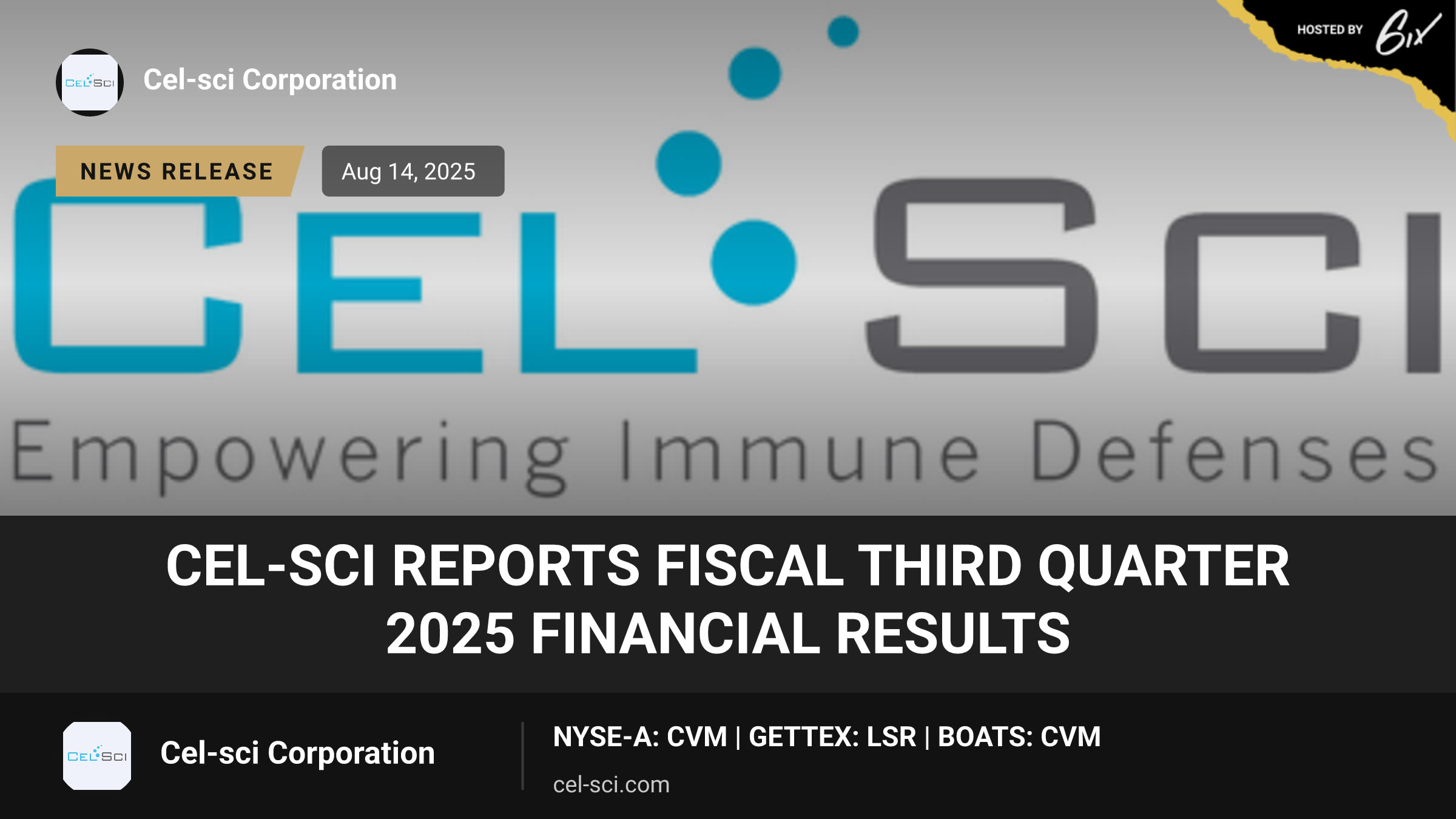 CEL-SCI Reports Fiscal Third Quarter 2025 Financial Results