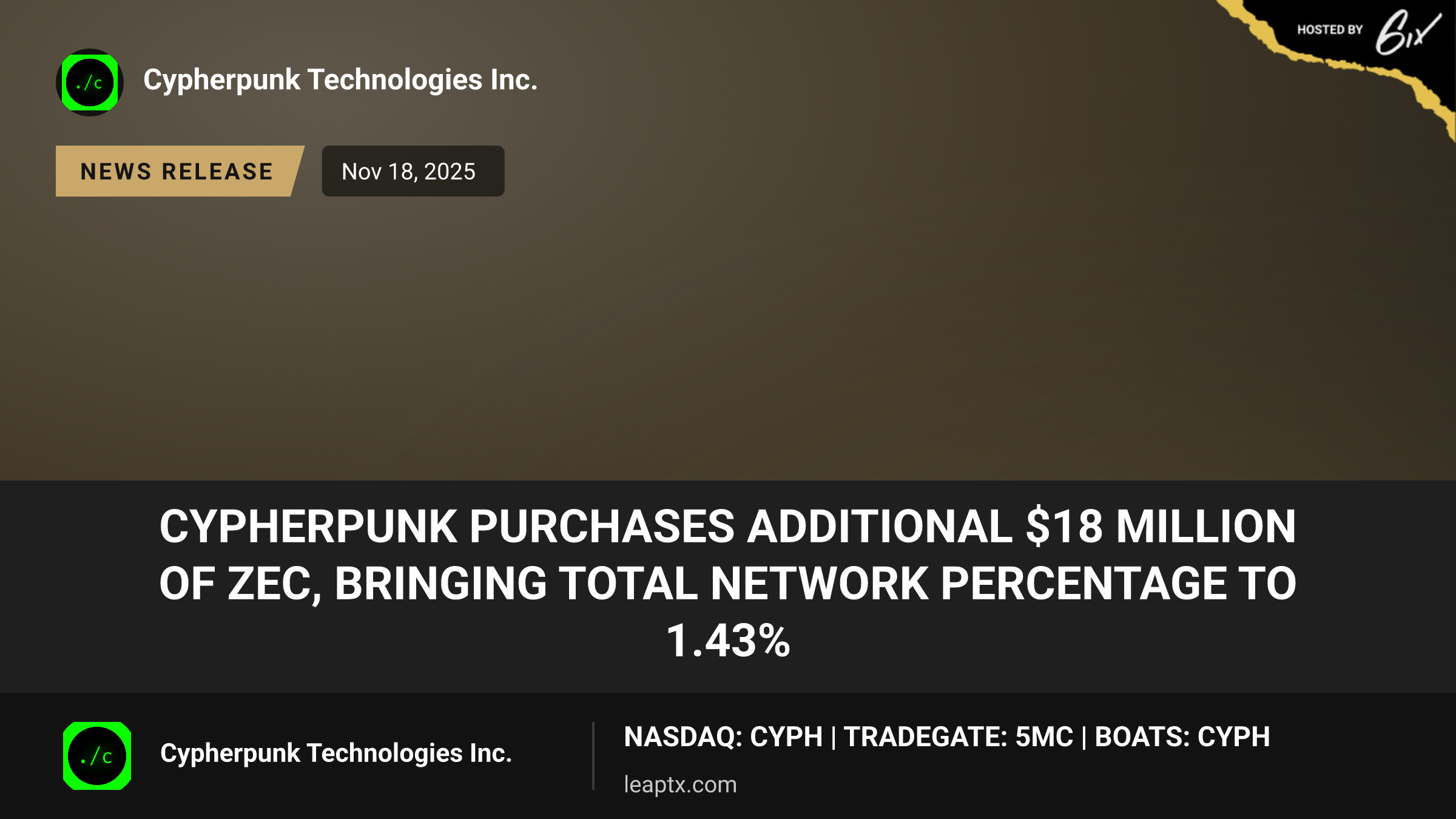 Cypherpunk Purchases Additional $18 Million of ZEC, Bringing Total Network Percentage to 1.43%