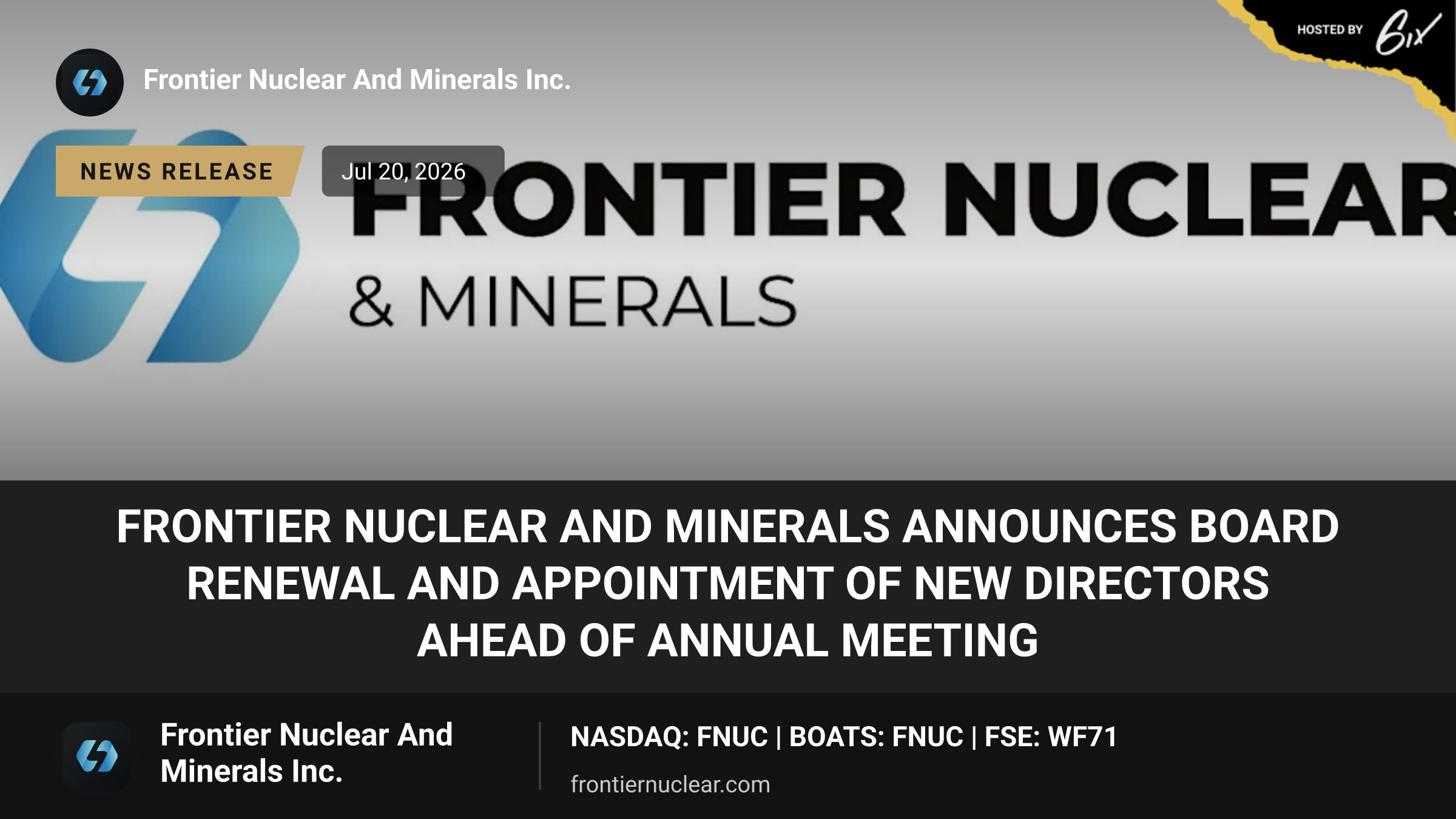 Frontier Nuclear and Minerals Announces Board Renewal and Appointment of New Directors Ahead of Annual Meeting