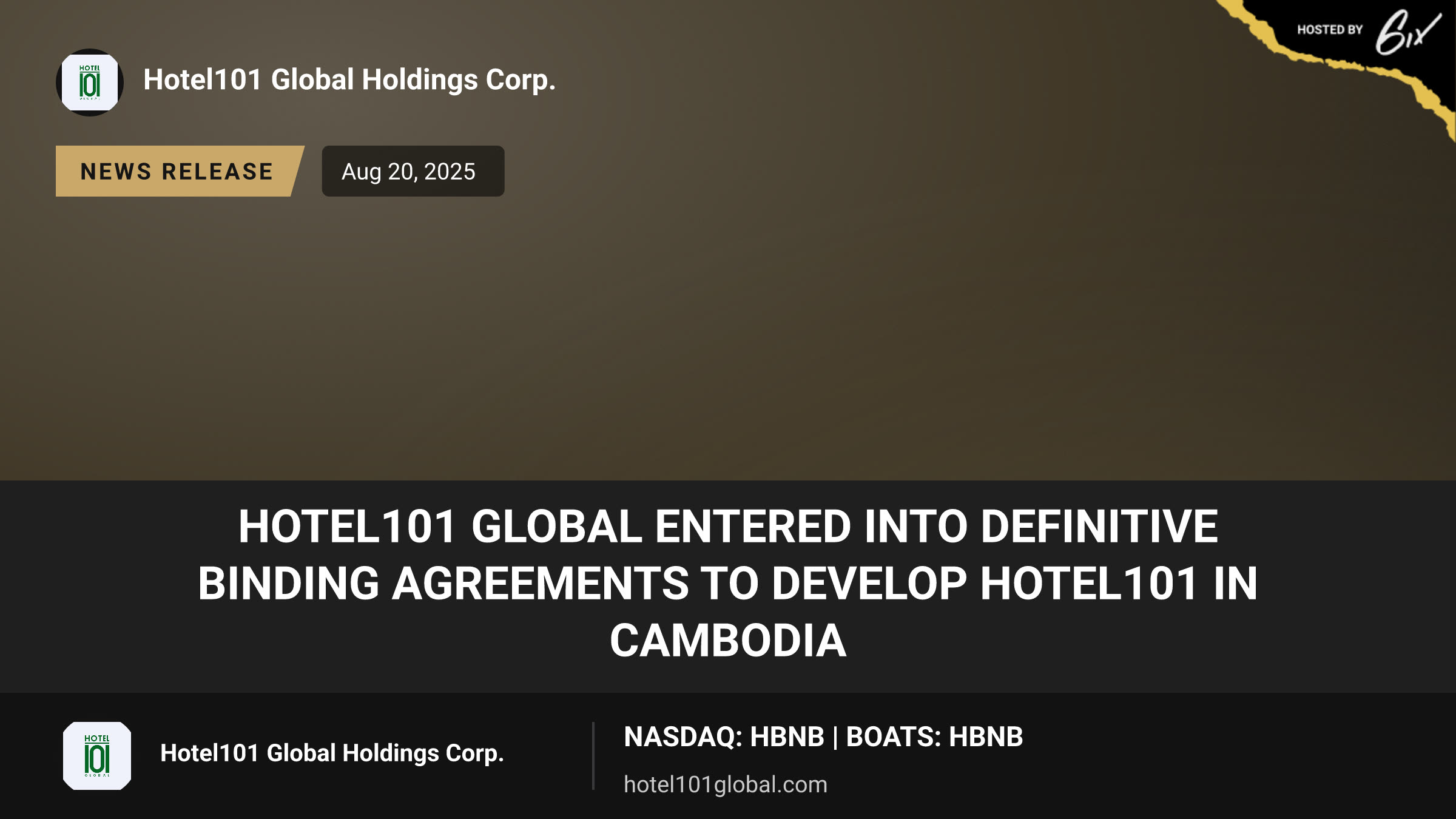Hotel101 Global entered into definitive binding agreements to develop Hotel101 in Cambodia