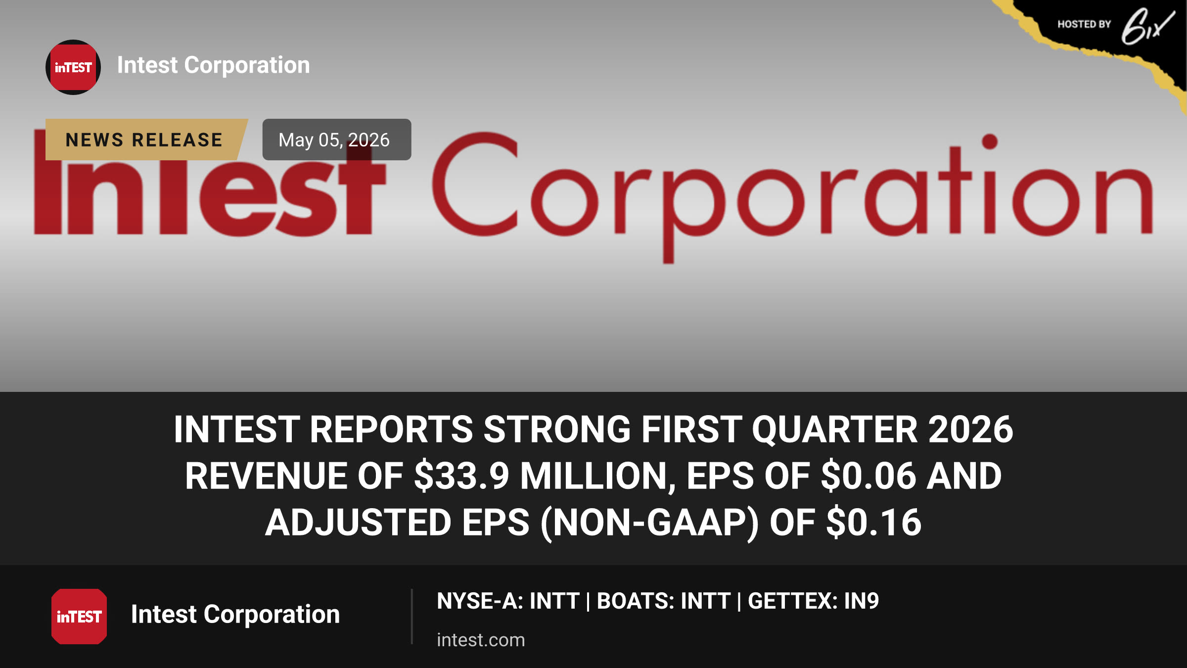 InTest Reports Strong First Quarter 2026 Revenue of $33.9 Million, EPS of $0.06 and Adjusted EPS (Non-GAAP) of $0.16