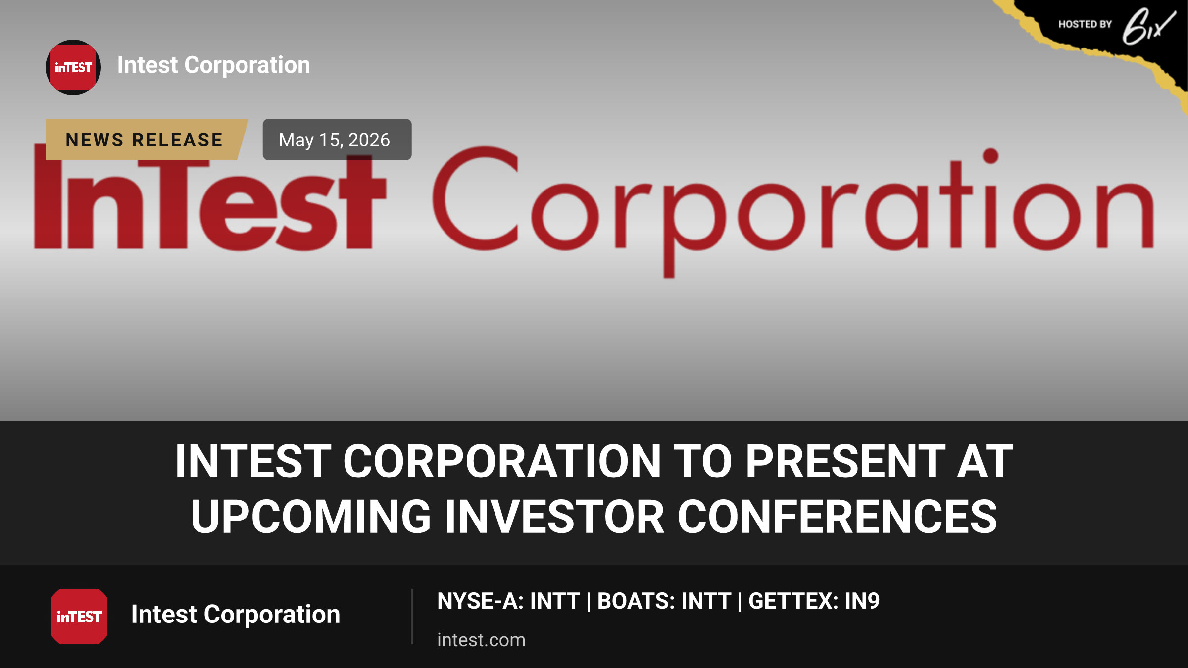 InTest Corporation to Present at Upcoming Investor Conferences