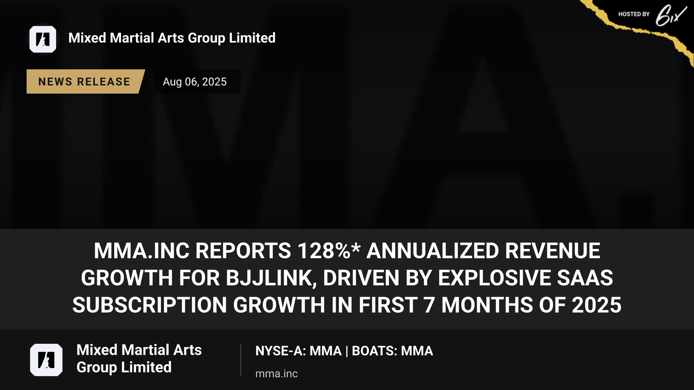 MMA.INC Reports 128%* Annualized Revenue Growth for BJJLink, Driven by Explosive SaaS Subscription Growth in first 7 months of 2025