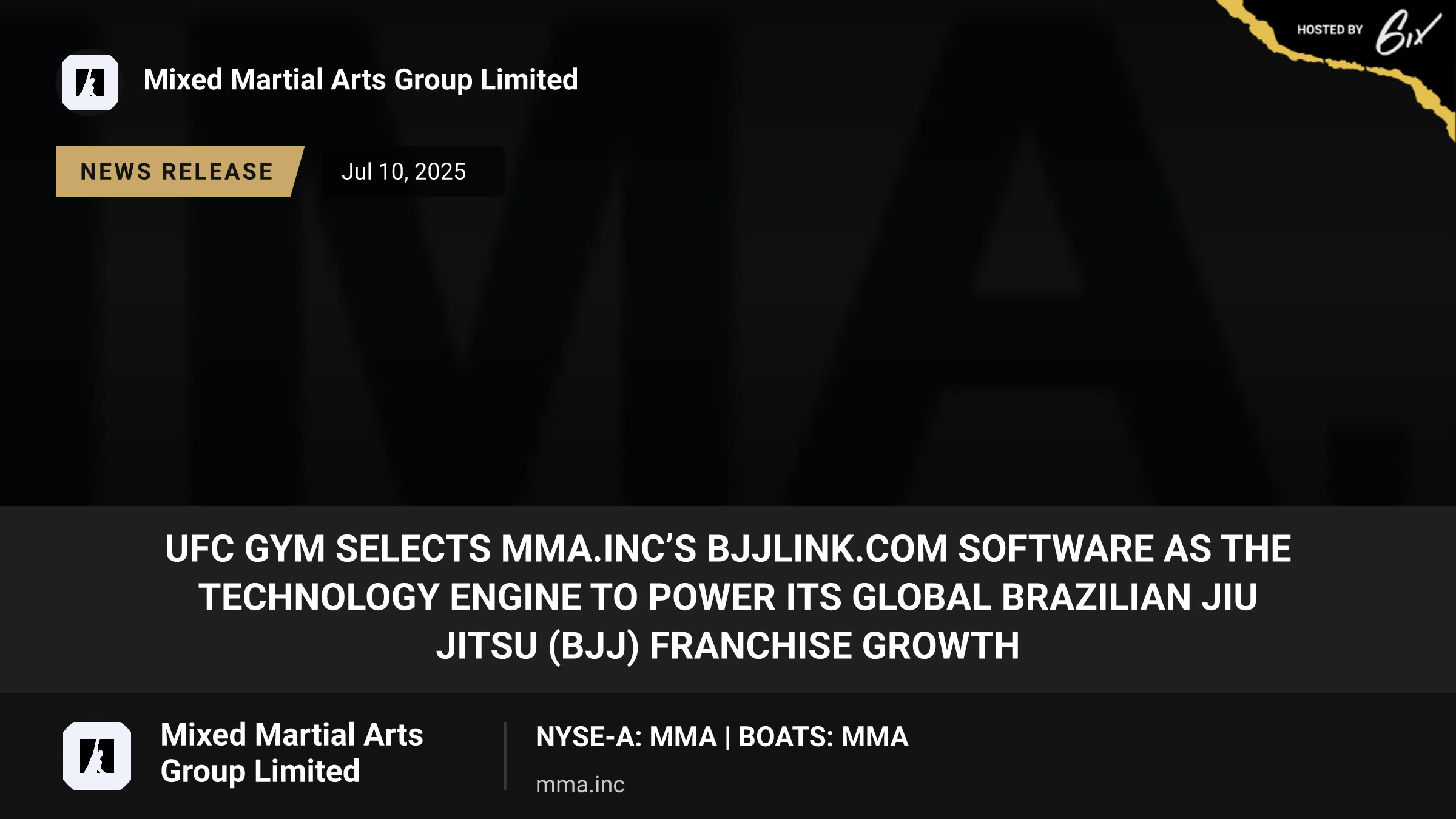 UFC GYM Selects MMA.INC’s BJJLink.com Software as the Technology Engine to Power its Global Brazilian Jiu Jitsu (BJJ) Franchise Growth