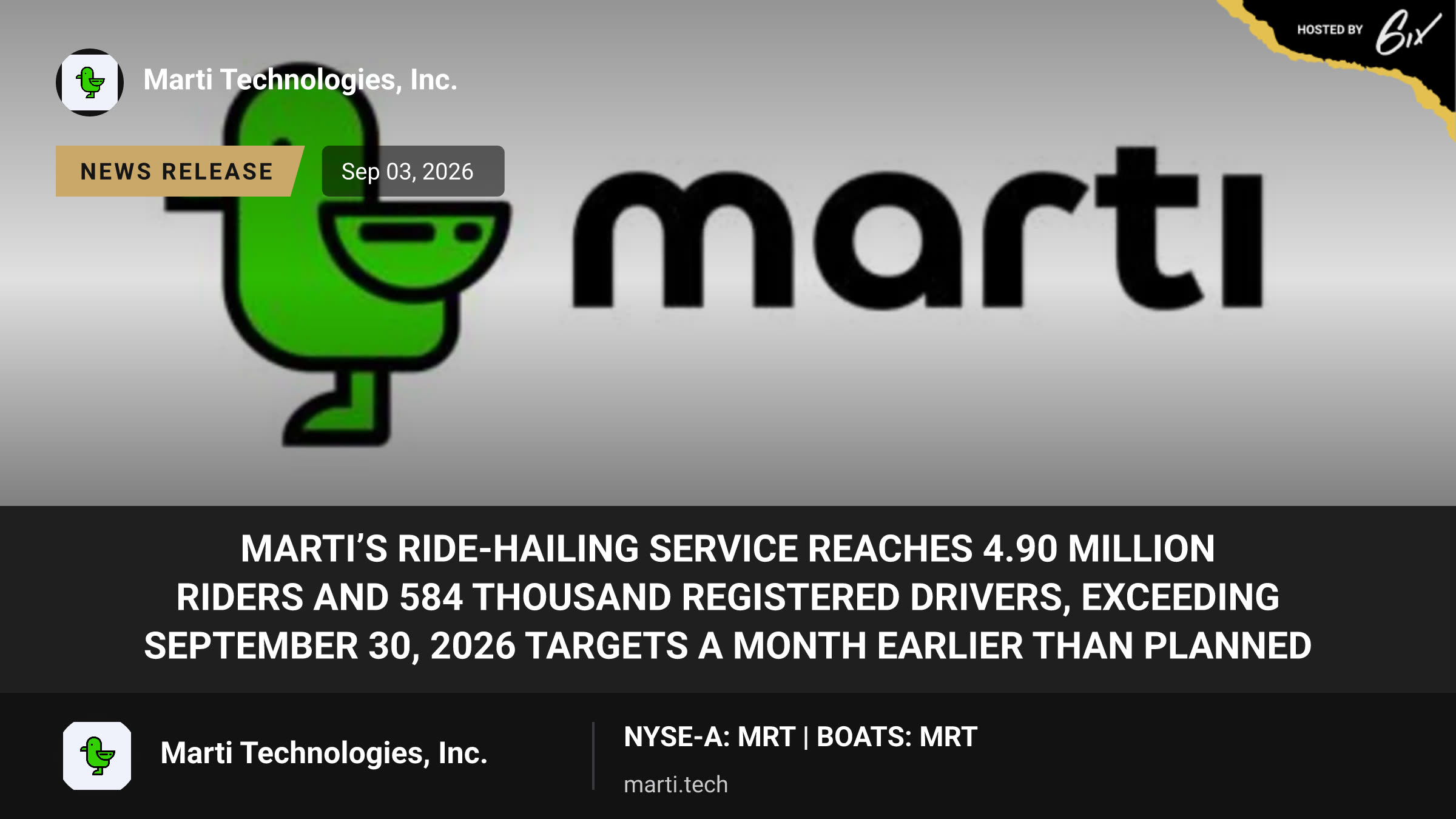 Marti’s Ride-Hailing Service Reaches 4.90 Million Riders and 584 Thousand Registered Drivers, Exceeding September 30, 2026 Targets a Month Earlier Than Planned