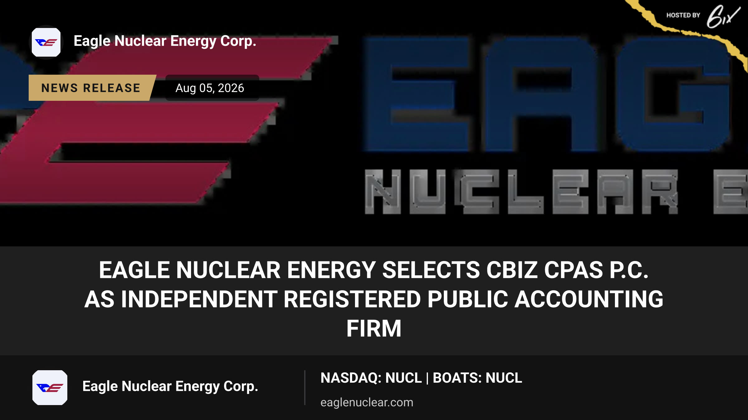 Eagle Nuclear Energy Selects CBIZ CPAs P.C. as Independent Registered Public Accounting Firm