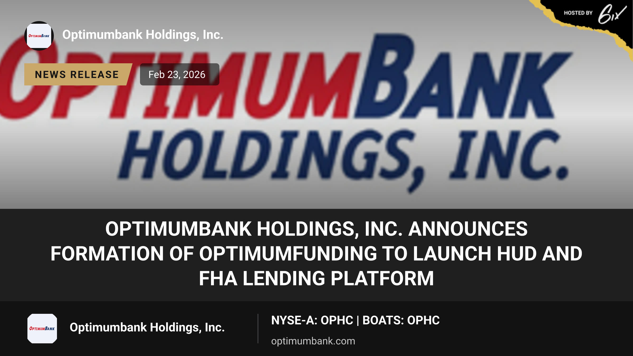 OptimumBank Holdings, Inc. Announces Formation of OptimumFunding to Launch HUD and FHA Lending Platform