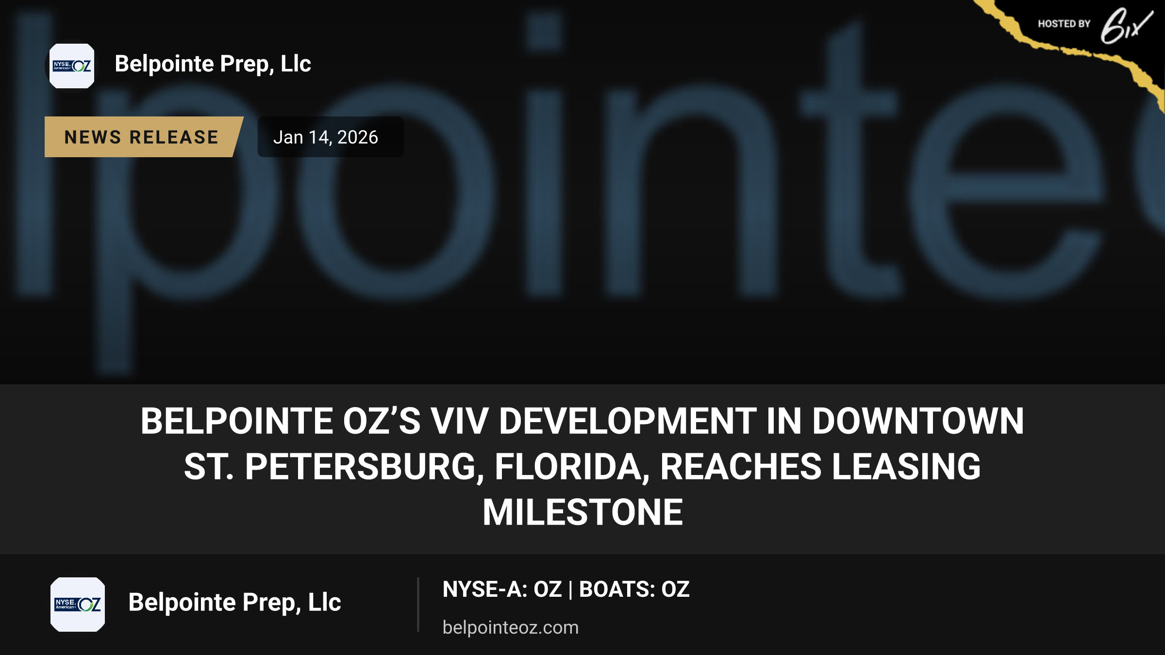 Belpointe OZ’s VIV Development in Downtown St. Petersburg, Florida, Reaches Leasing Milestone