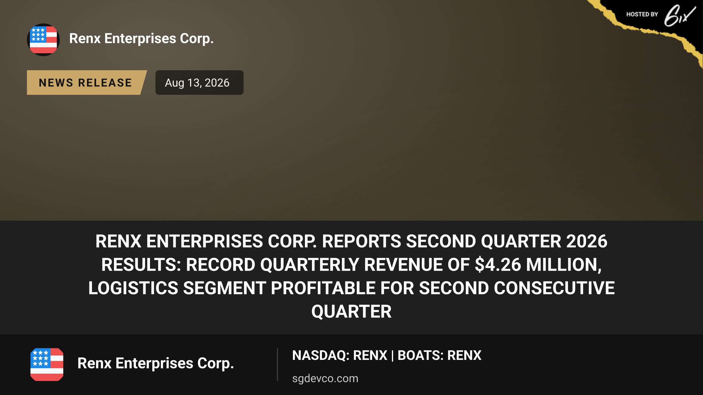 RenX Enterprises Corp. Reports Second Quarter 2026 Results: Record Quarterly Revenue of $4.26 Million, Logistics Segment Profitable for Second Consecutive Quarter