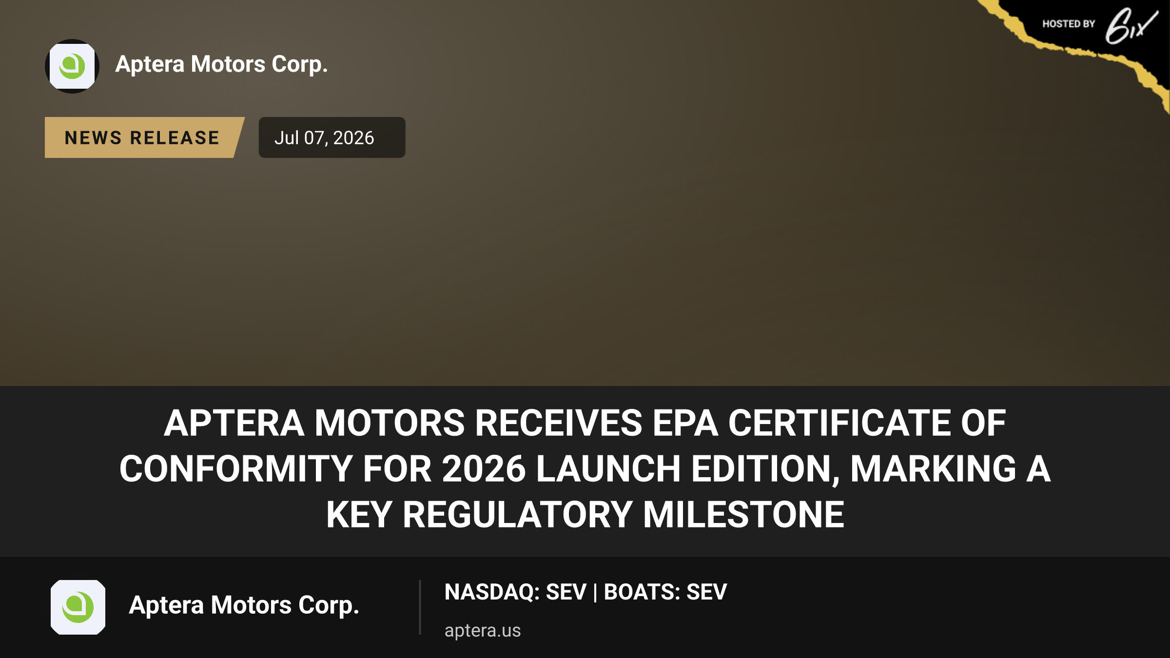 Aptera Motors Receives EPA Certificate of Conformity for 2026 Launch Edition, Marking a Key Regulatory Milestone