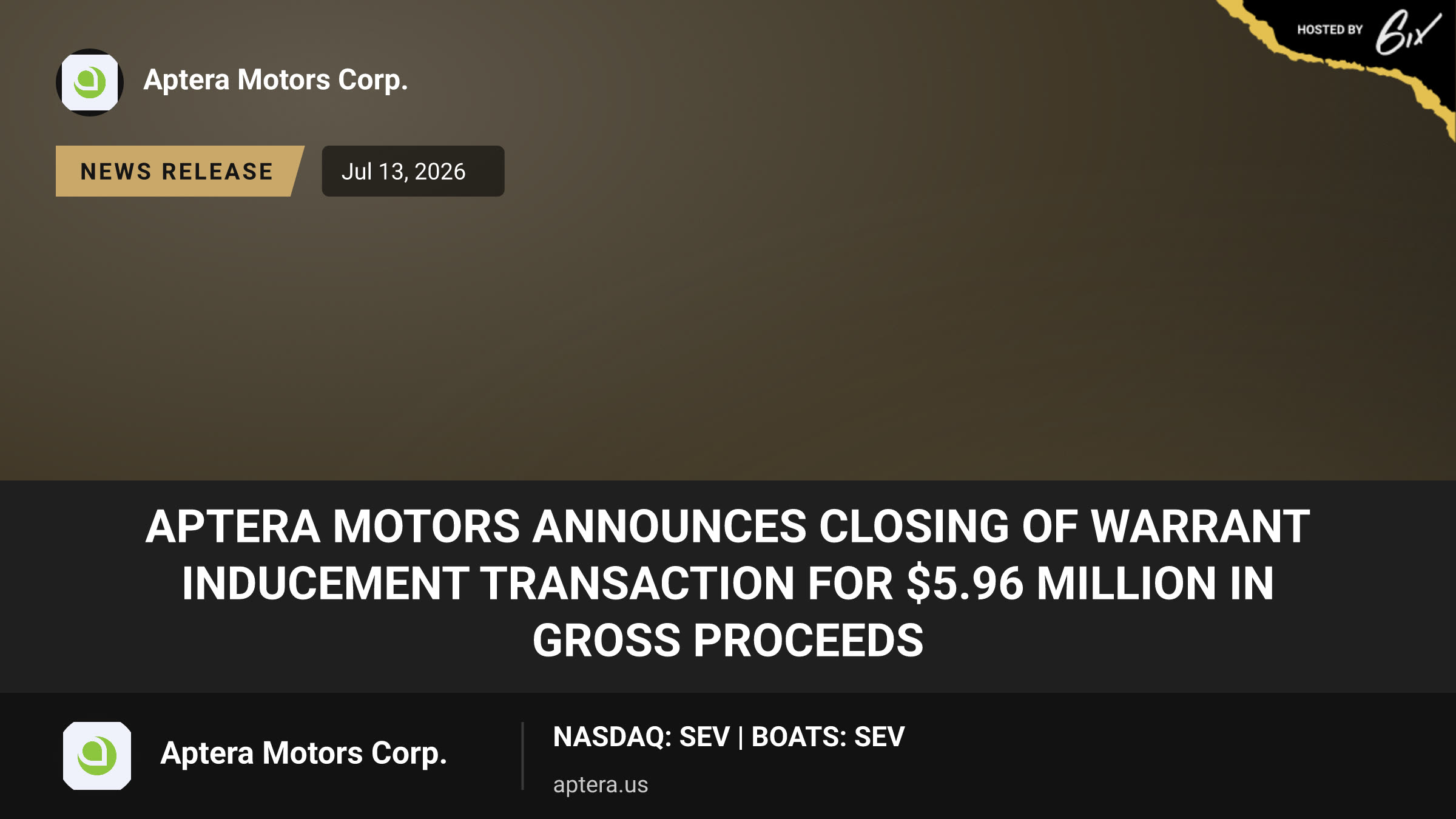 Aptera Motors Announces Closing of Warrant Inducement Transaction for $5.96 Million in Gross Proceeds