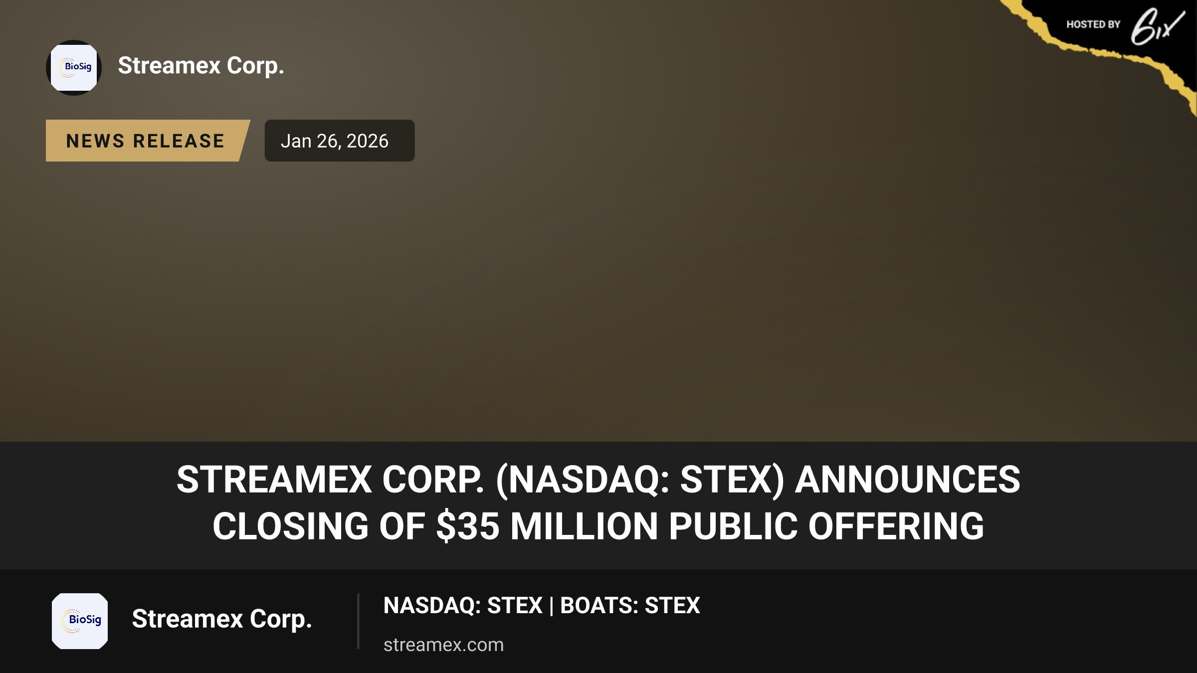 Streamex Corp. (NASDAQ: STEX) Announces Closing of $35 Million Public Offering