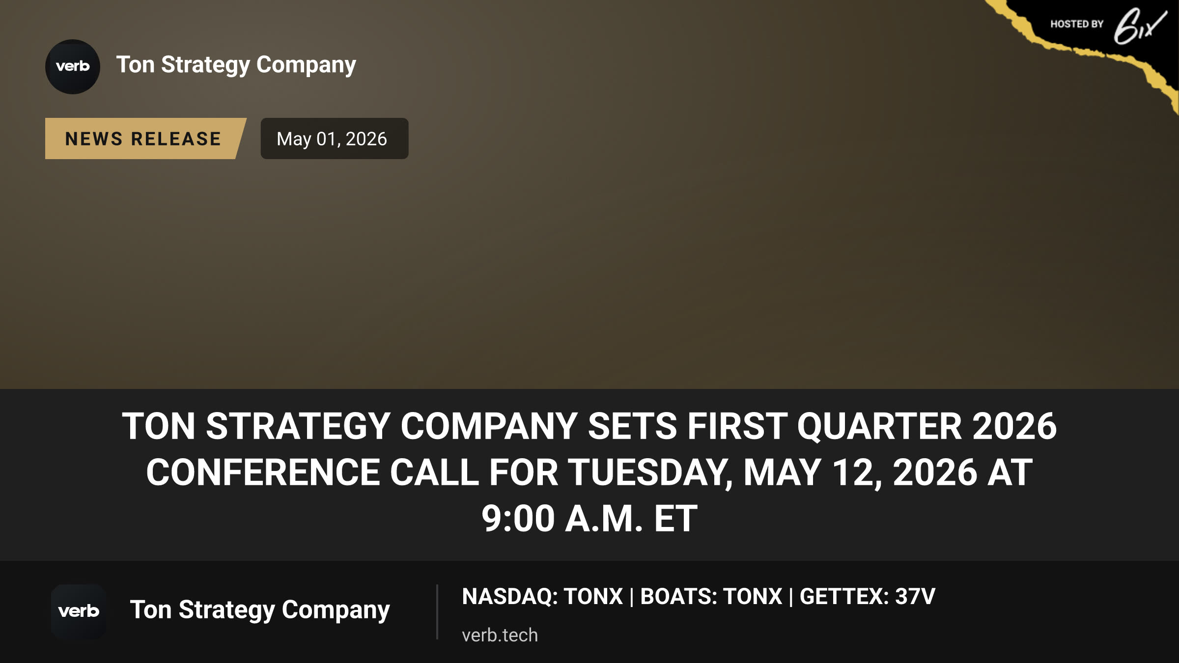 TON Strategy Company Sets First Quarter 2026 Conference Call for Tuesday, May 12, 2026 at 9:00 a.m. ET
