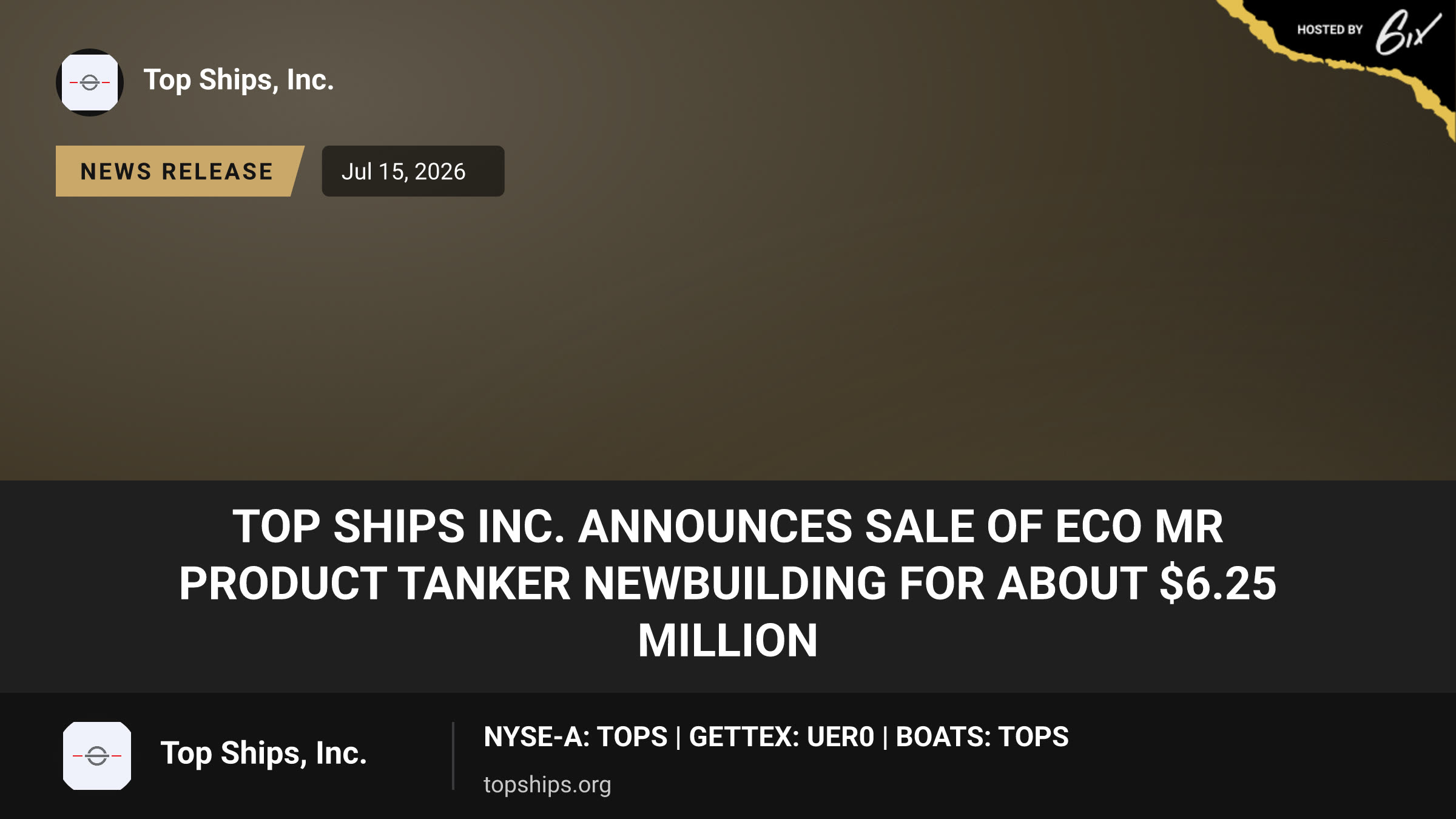 TOP Ships Inc. Announces Sale of ECO MR Product Tanker Newbuilding for About $6.25 million