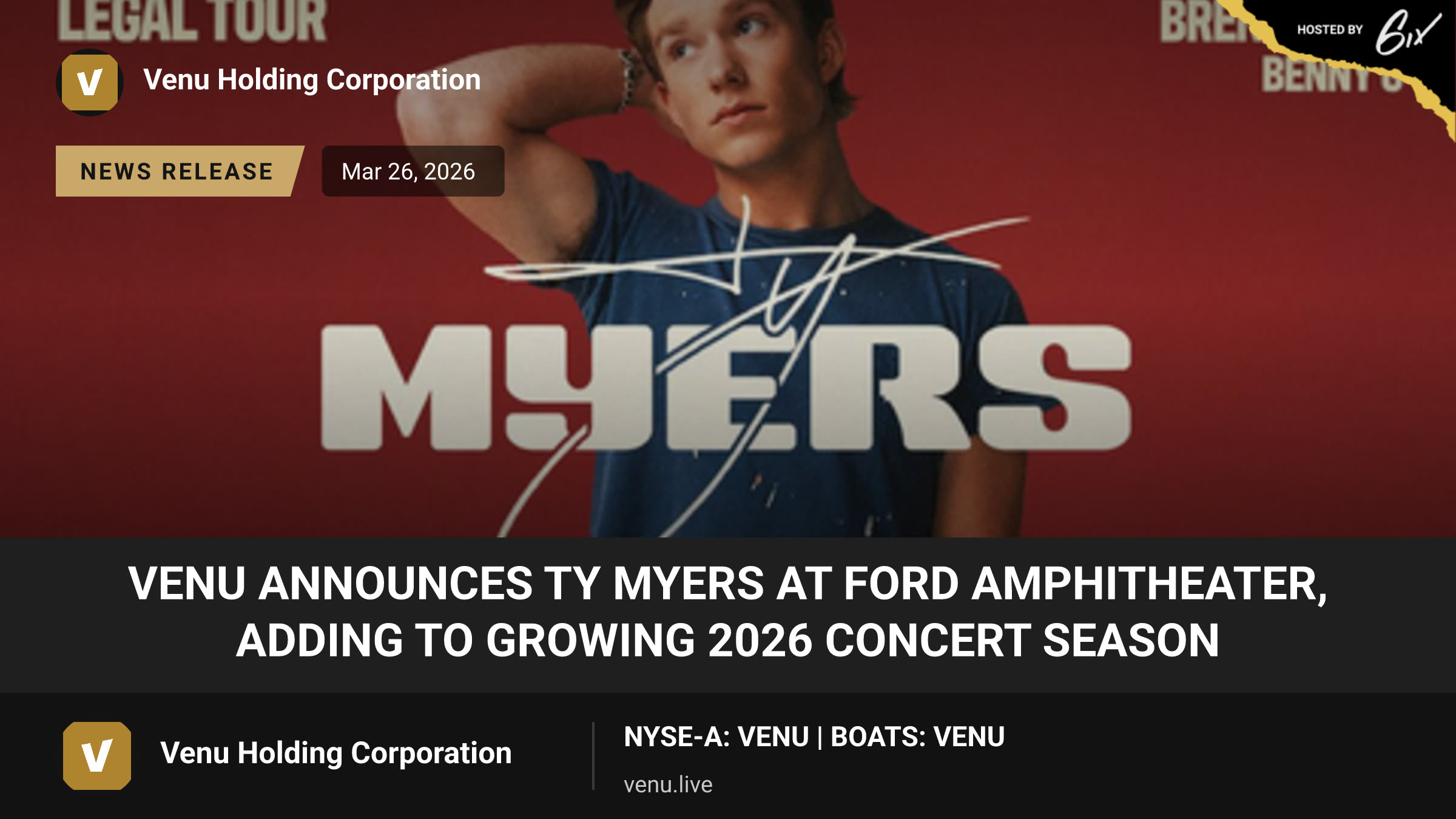 VENU Announces Ty Myers at Ford Amphitheater, Adding to Growing 2026 Concert Season