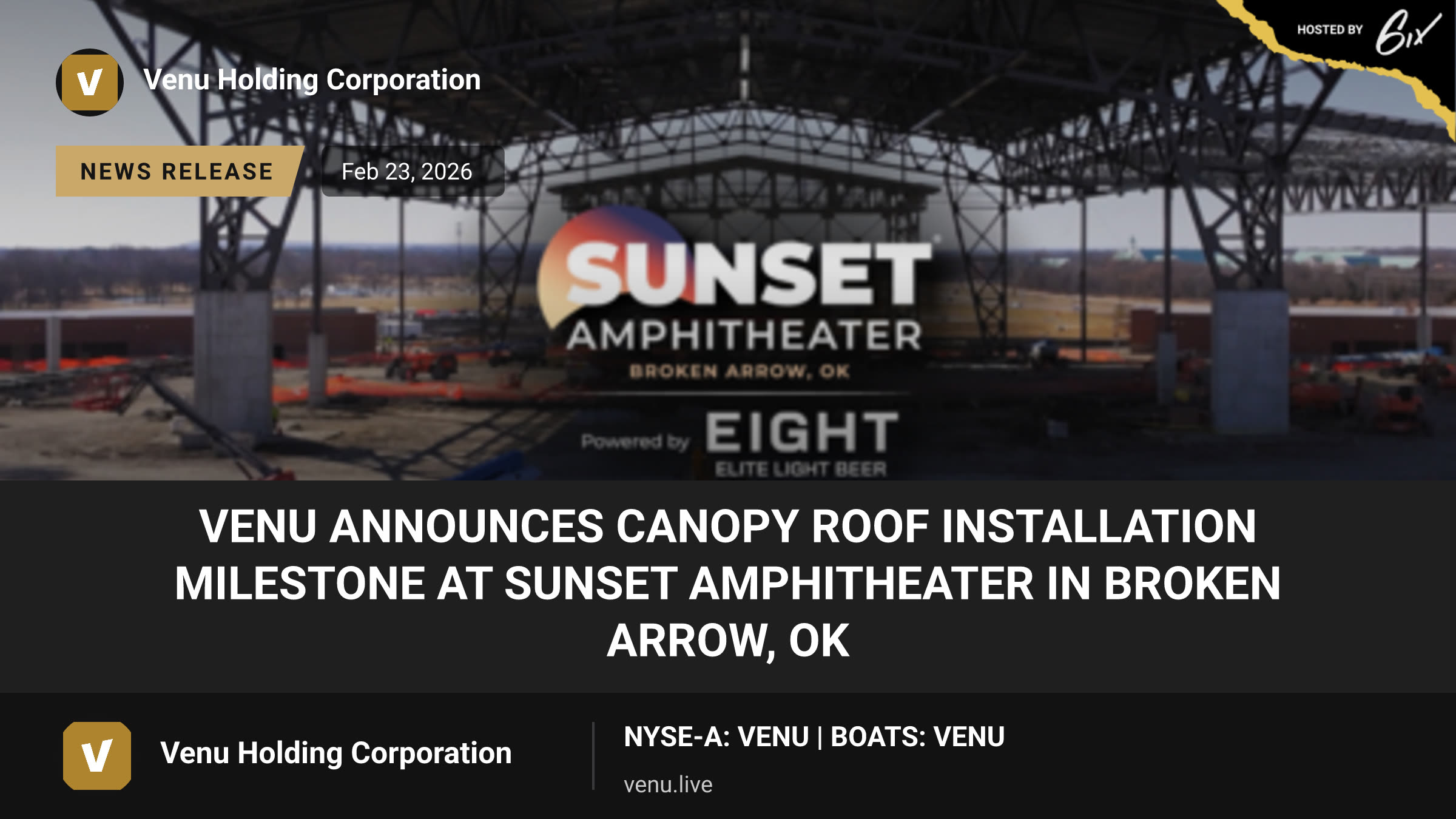 VENU Announces Canopy Roof Installation Milestone at Sunset Amphitheater in Broken Arrow, OK