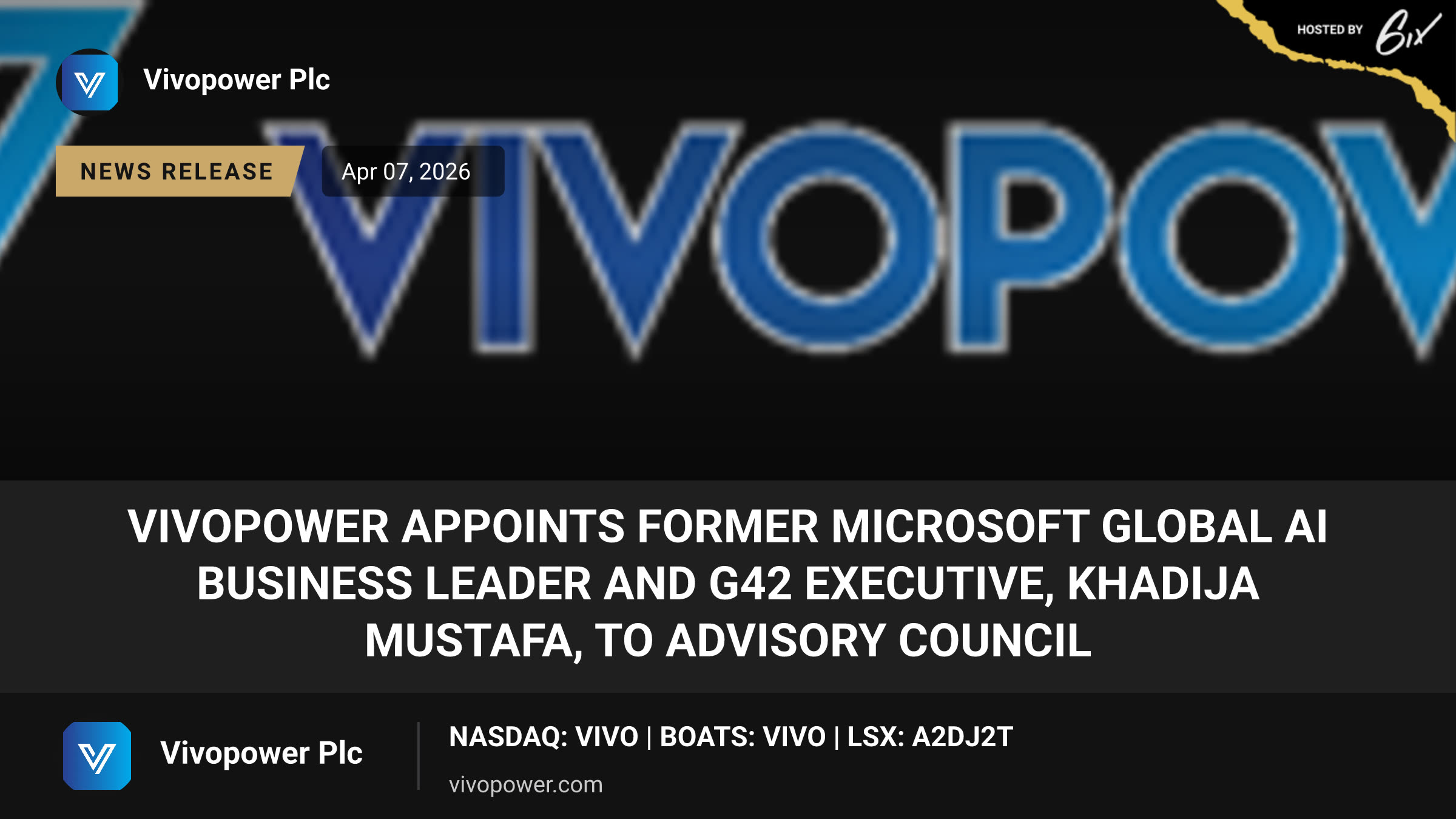 VivoPower Appoints Former Microsoft Global AI Business Leader and G42 Executive, Khadija Mustafa, to Advisory Council