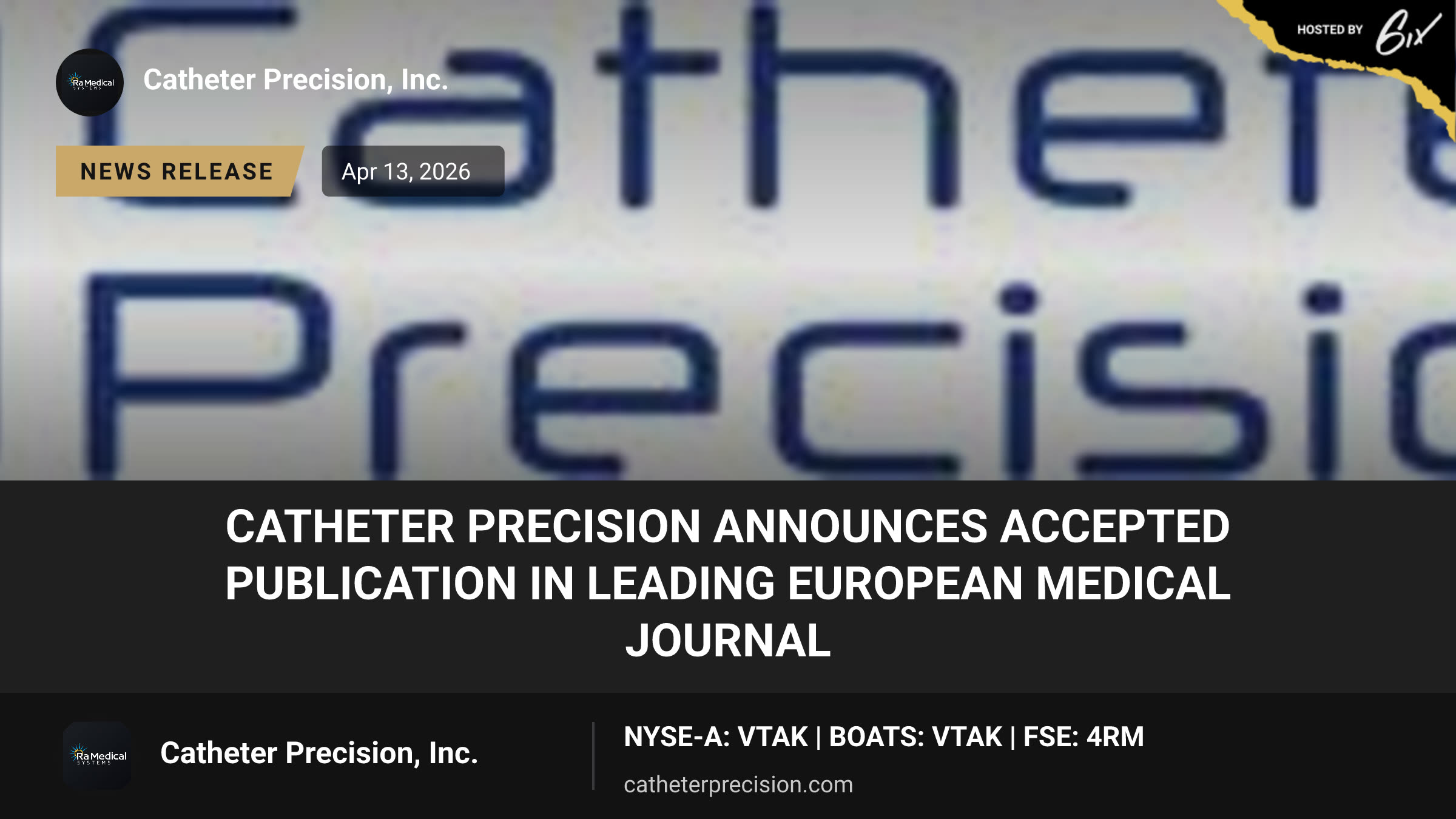 Catheter Precision Announces Accepted Publication in Leading European Medical Journal