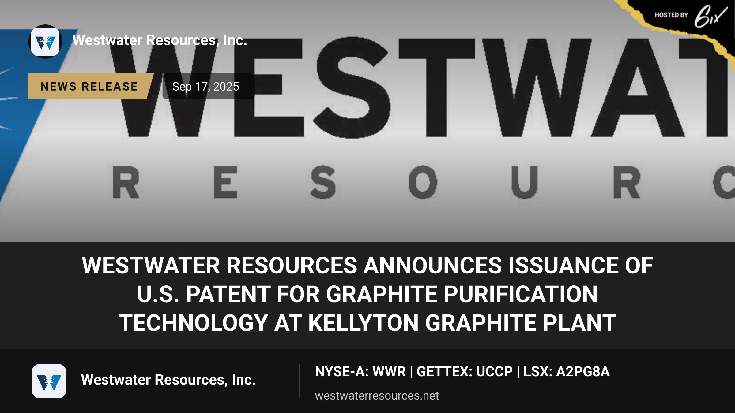 Westwater Resources Announces Issuance of U.S. Patent for Graphite Purification Technology at Kellyton Graphite Plant