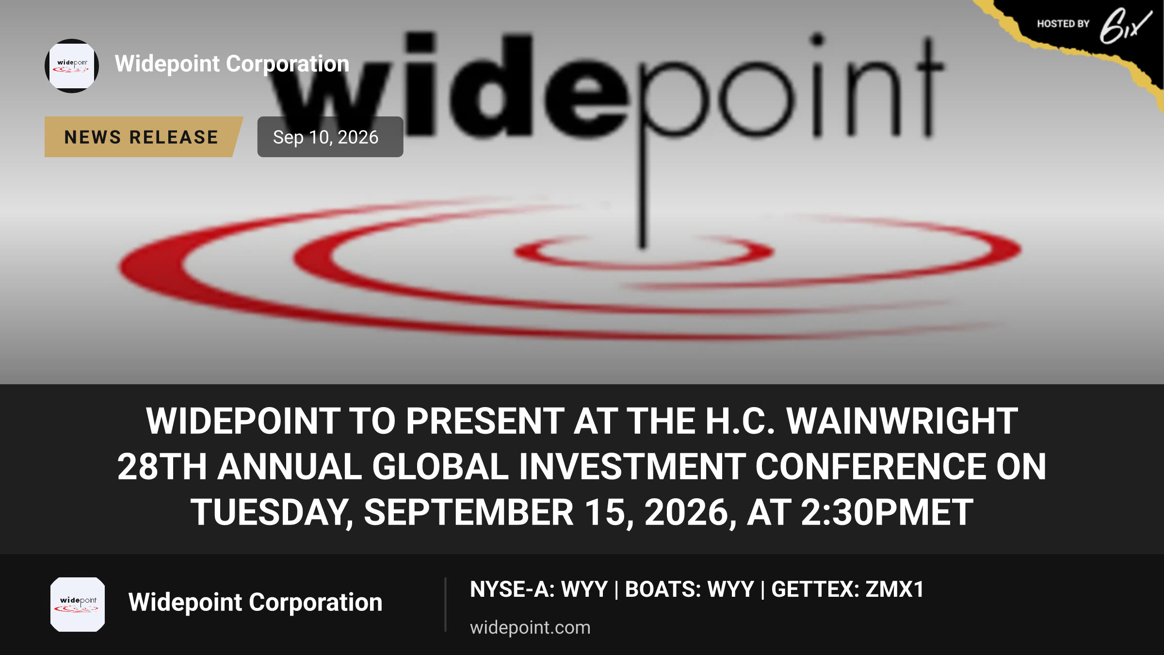 WidePoint to Present at the H.C. Wainwright 28th Annual Global Investment Conference on Tuesday, September 15, 2026, at 2:30pmET