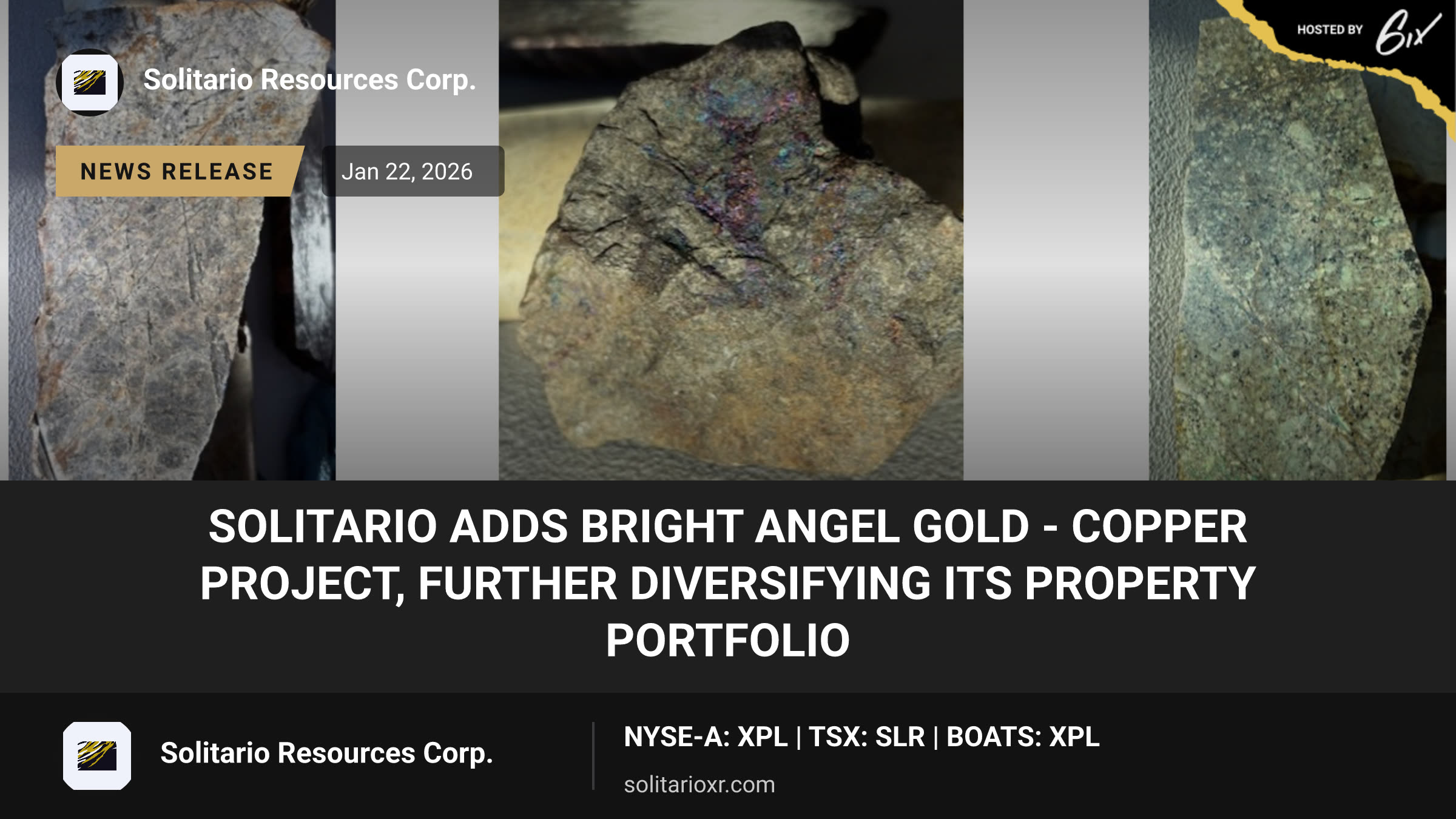 Solitario Adds Bright Angel Gold - Copper Project, Further Diversifying Its Property Portfolio