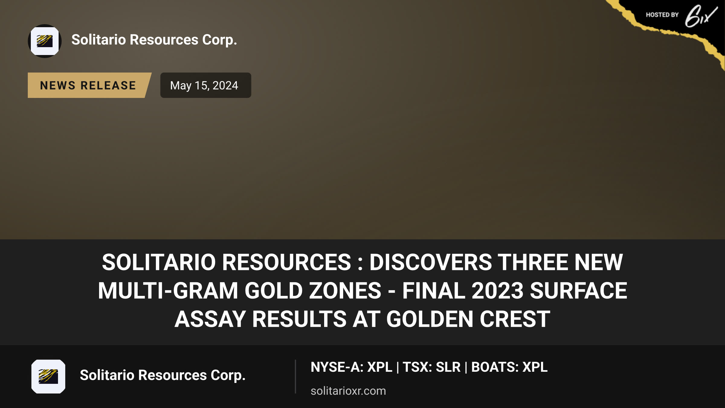 Solitario Resources : Discovers Three New Multi-Gram Gold Zones - Final 2023 Surface Assay Results at Golden Crest