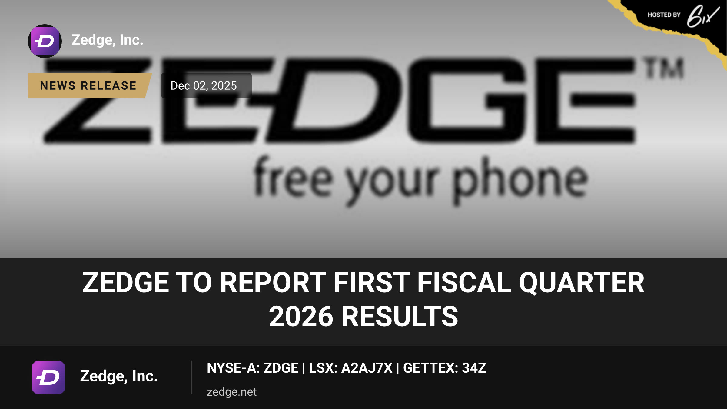 Zedge To Report First Fiscal Quarter 2026 Results