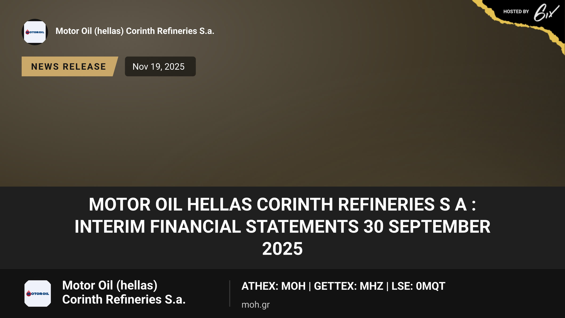 Motor Oil Hellas Corinth Refineries S A : Interim Financial Statements 30 September 2025