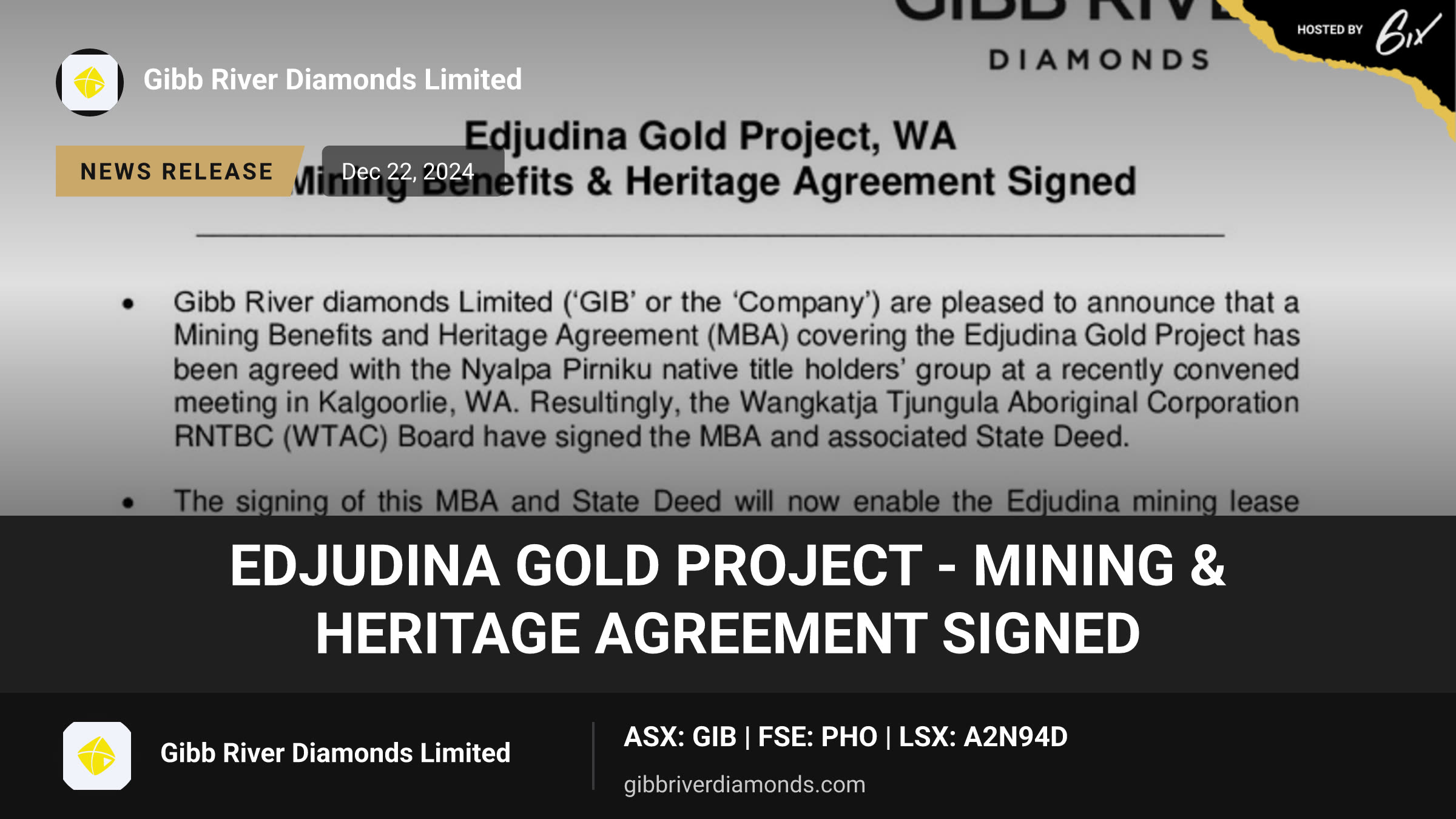 Edjudina Gold Project - Mining & Heritage Agreement Signed