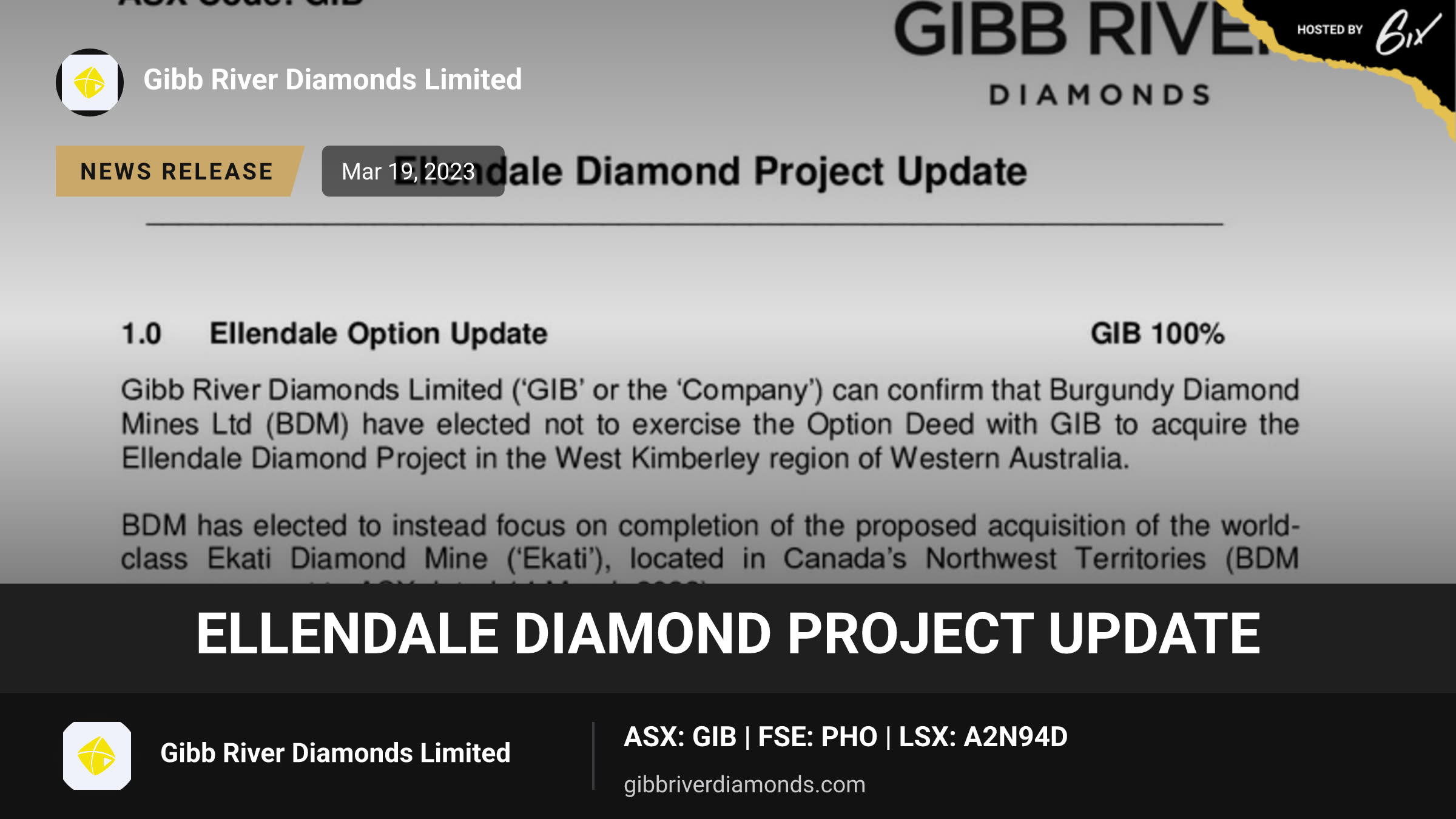 Ellendale Diamond Project Update
