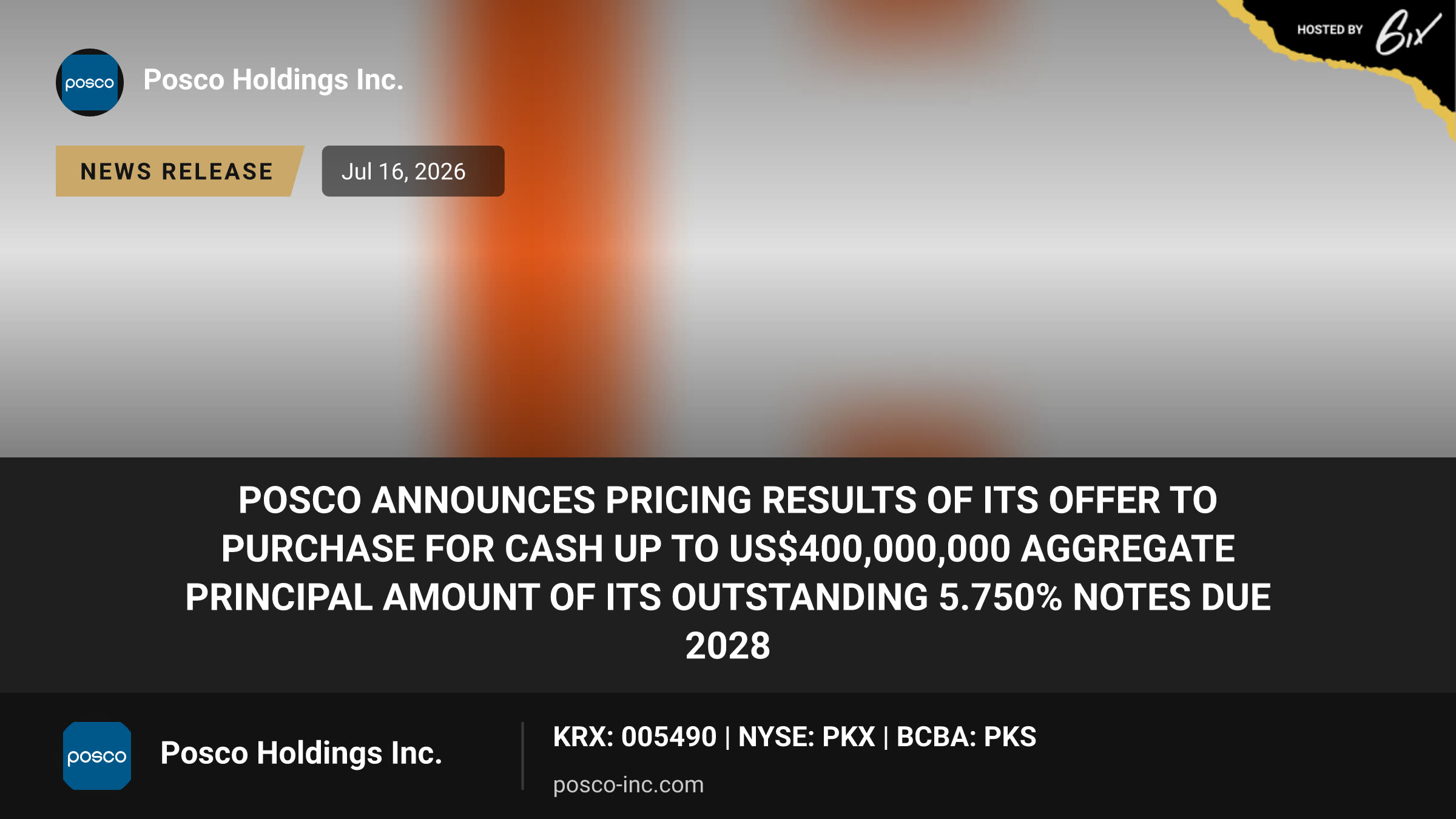 POSCO announces pricing results of its Offer to Purchase for cash up to US$400,000,000 aggregate principal amount of its outstanding 5.750% Notes due 2028