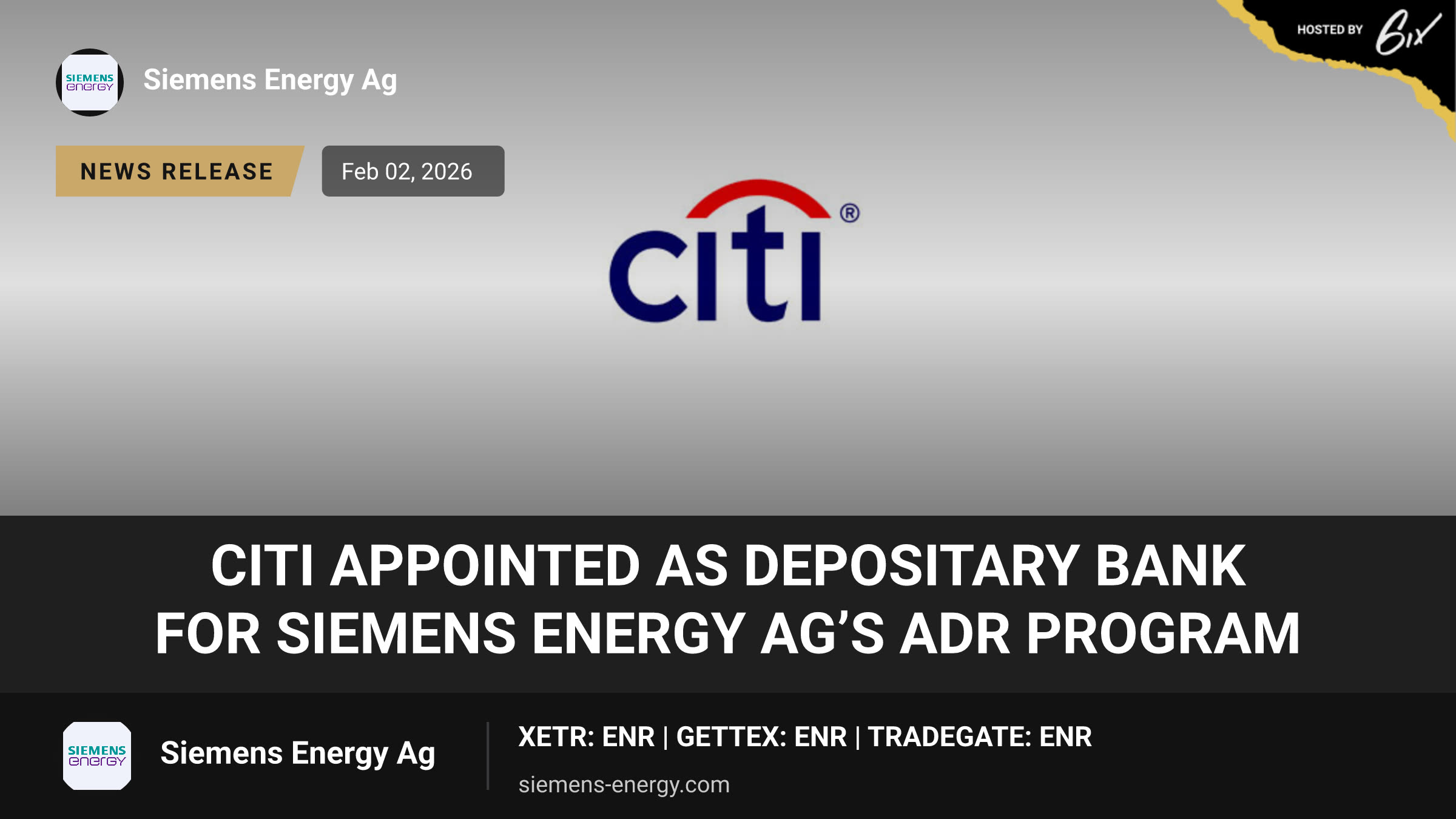 Citi Appointed as Depositary Bank for Siemens Energy AG’s ADR Program