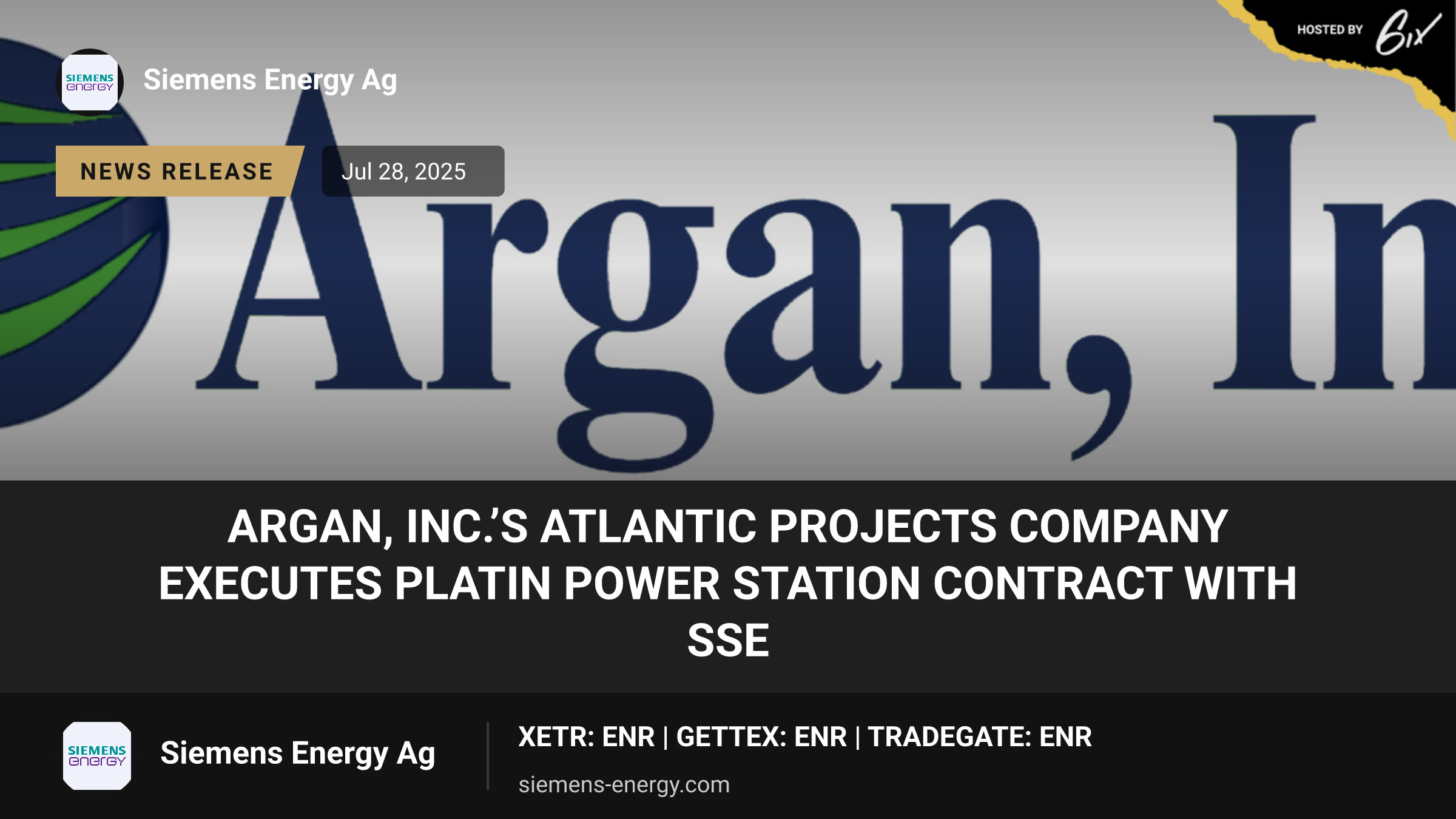 Argan, Inc.’s Atlantic Projects Company Executes Platin Power Station Contract with SSE