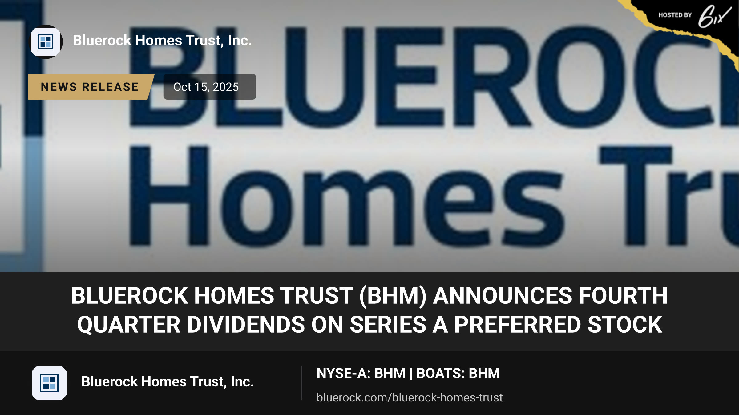 Bluerock Homes Trust (BHM) Announces Fourth Quarter Dividends on Series A Preferred Stock
