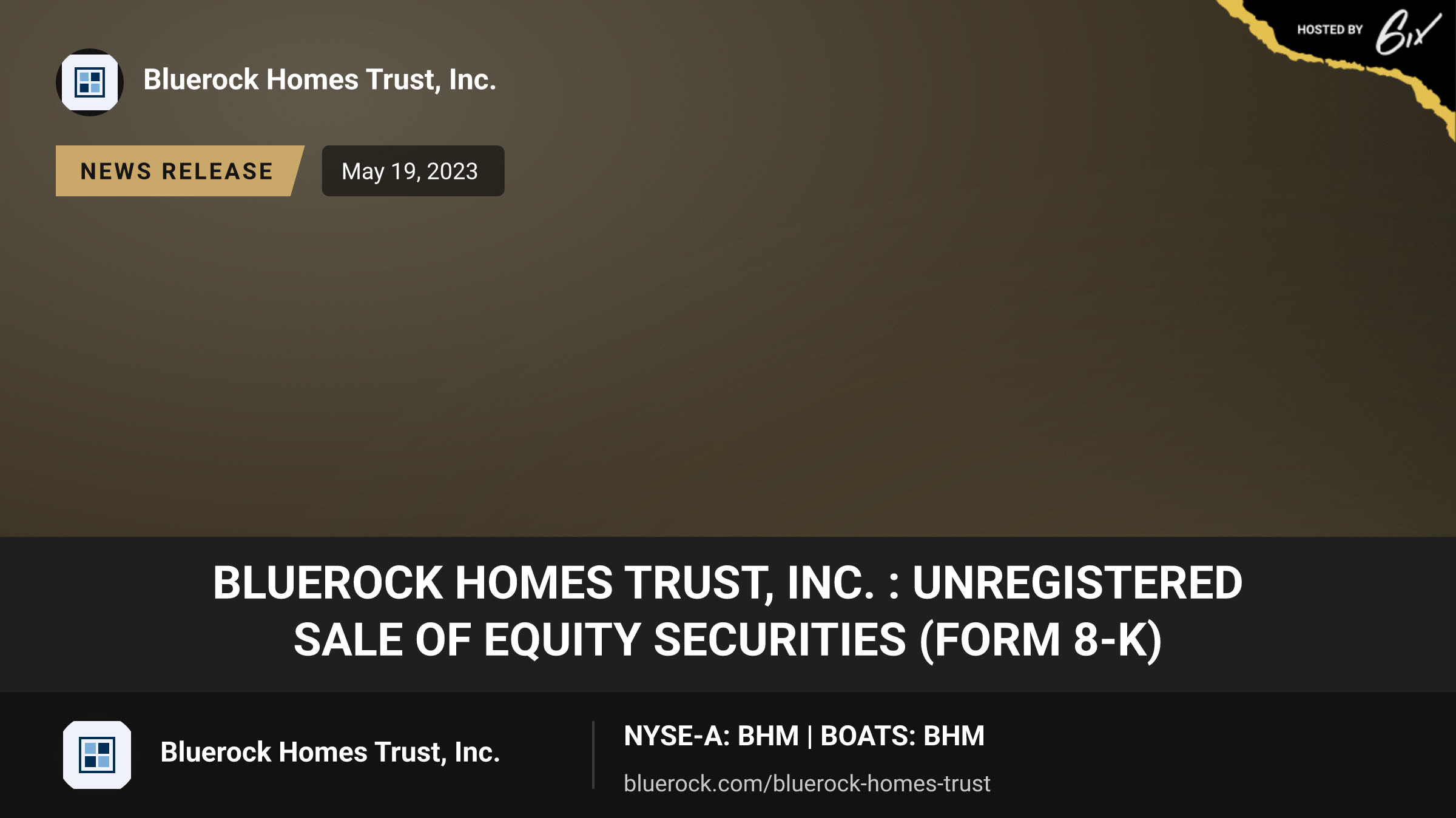 BLUEROCK HOMES TRUST, INC. : Unregistered Sale of Equity Securities (form 8-K)